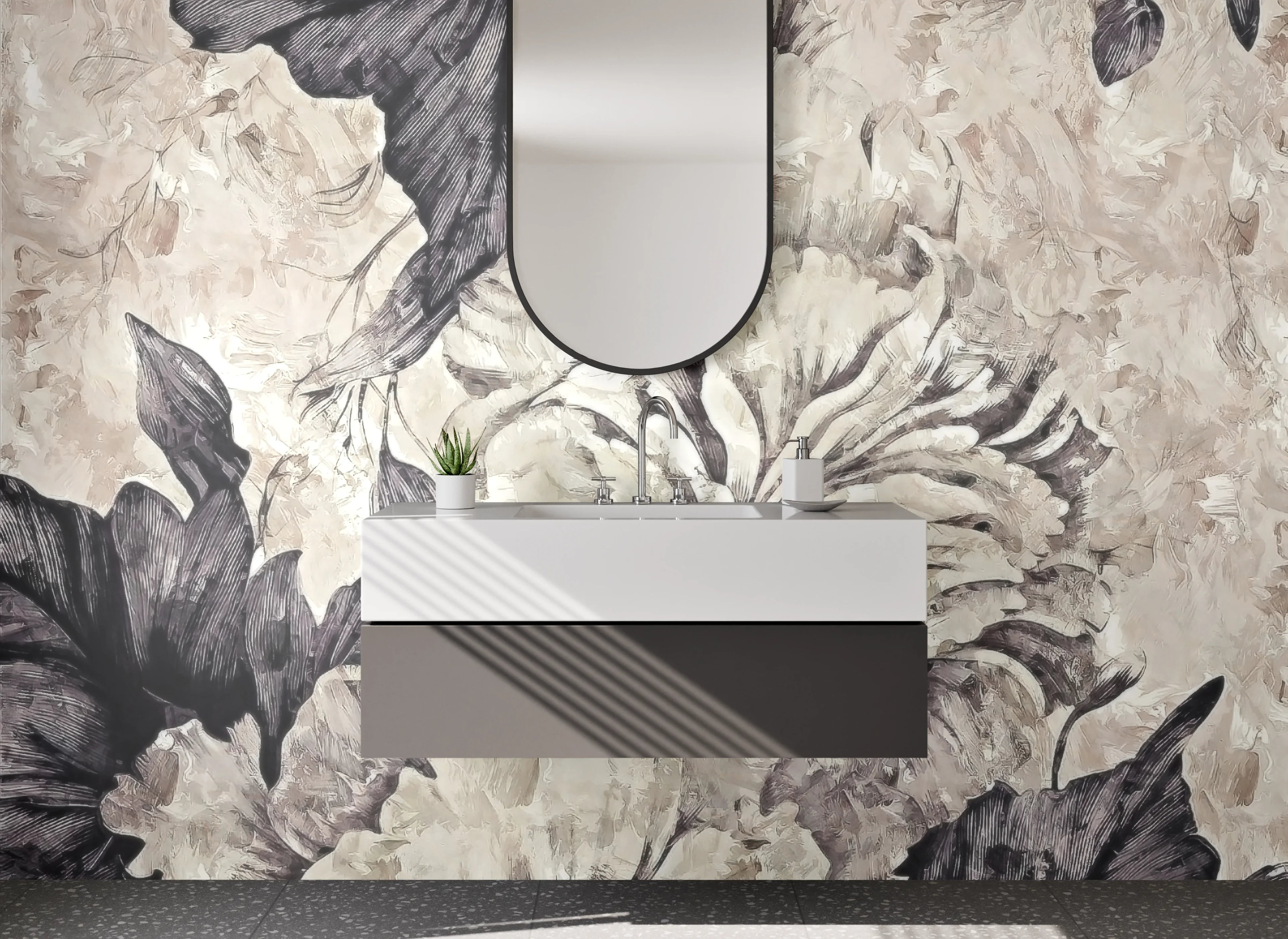 Waschbecken-Rückwand - Schwarz-weiße Blumenmalerei elegant