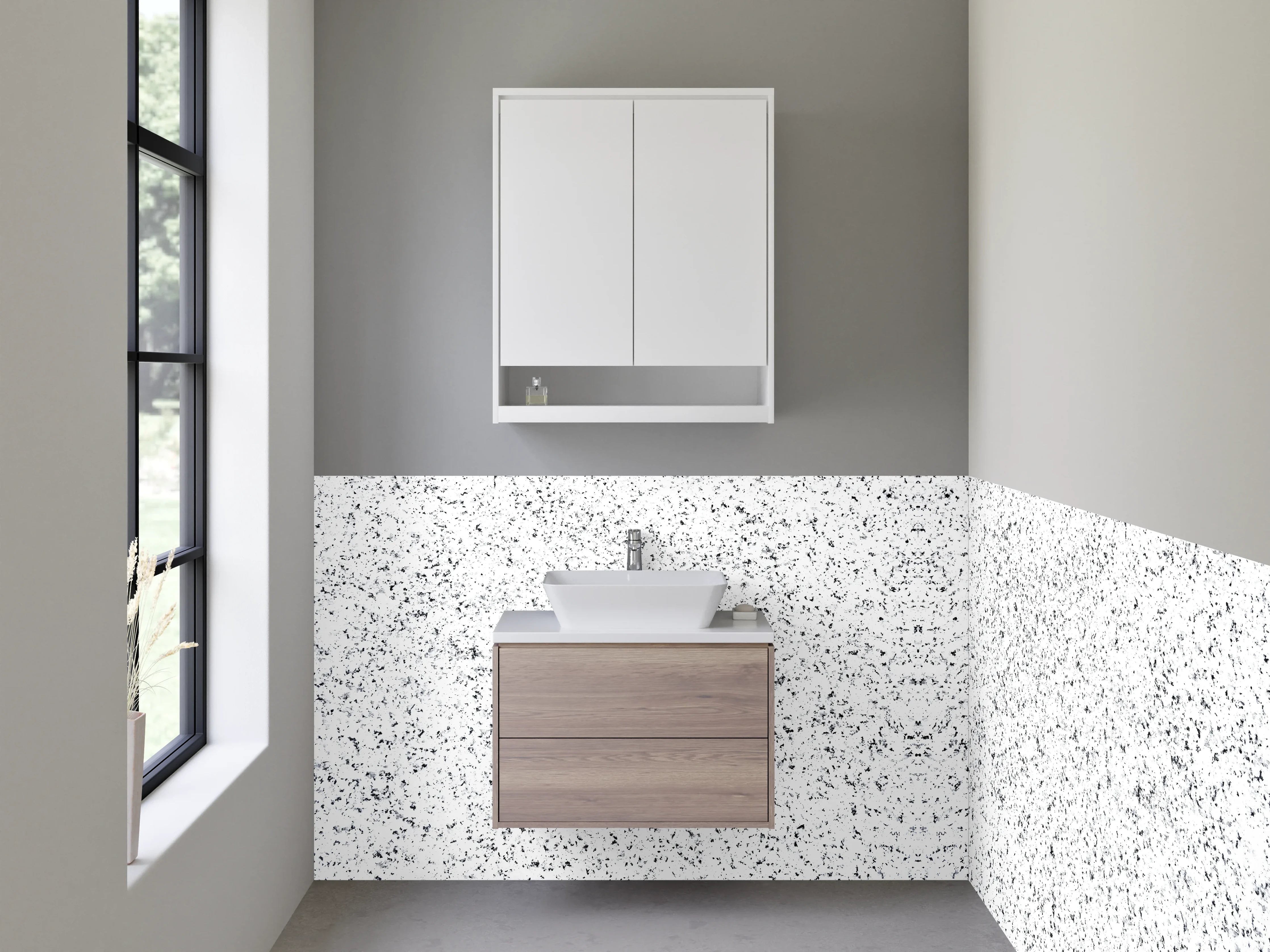 Waschbecken-Rückwand - Schwarz-weiße Sprenkel-Optik modern