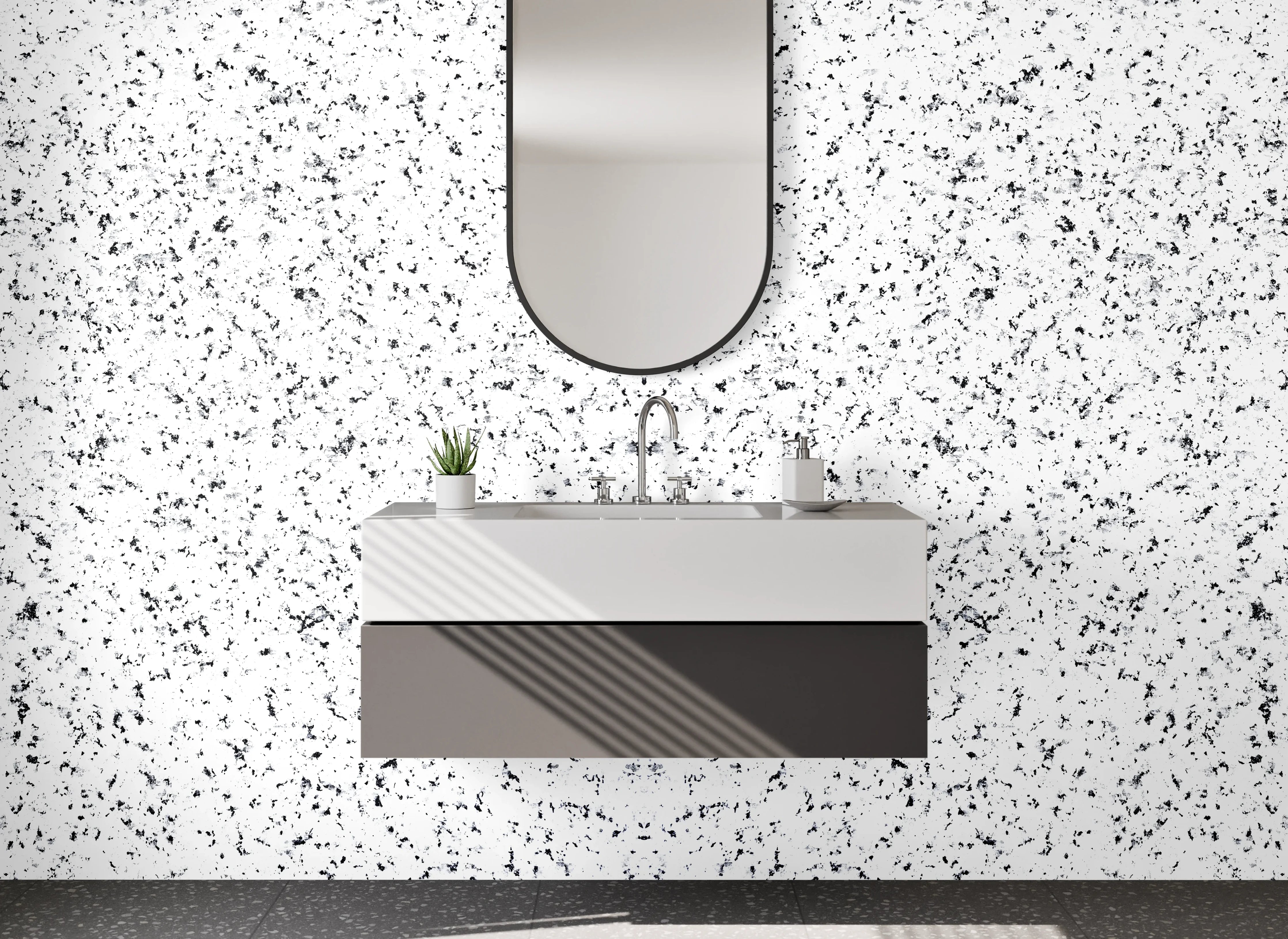 Waschbecken-Rückwand - Schwarz-weiße Sprenkel-Optik modern