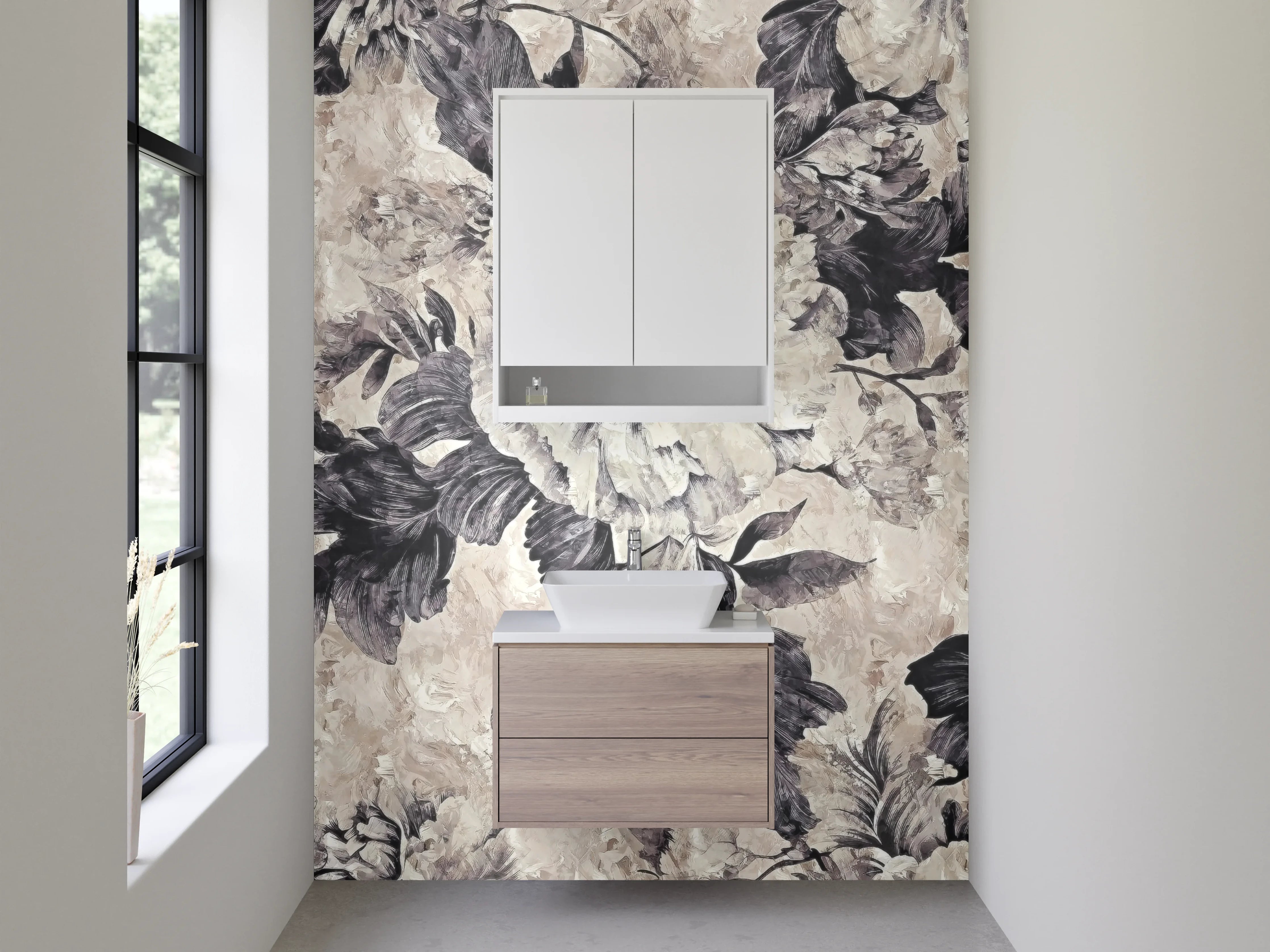 Waschbecken-Rückwand - Schwarz-weiße Vintage-Blumen Malerei