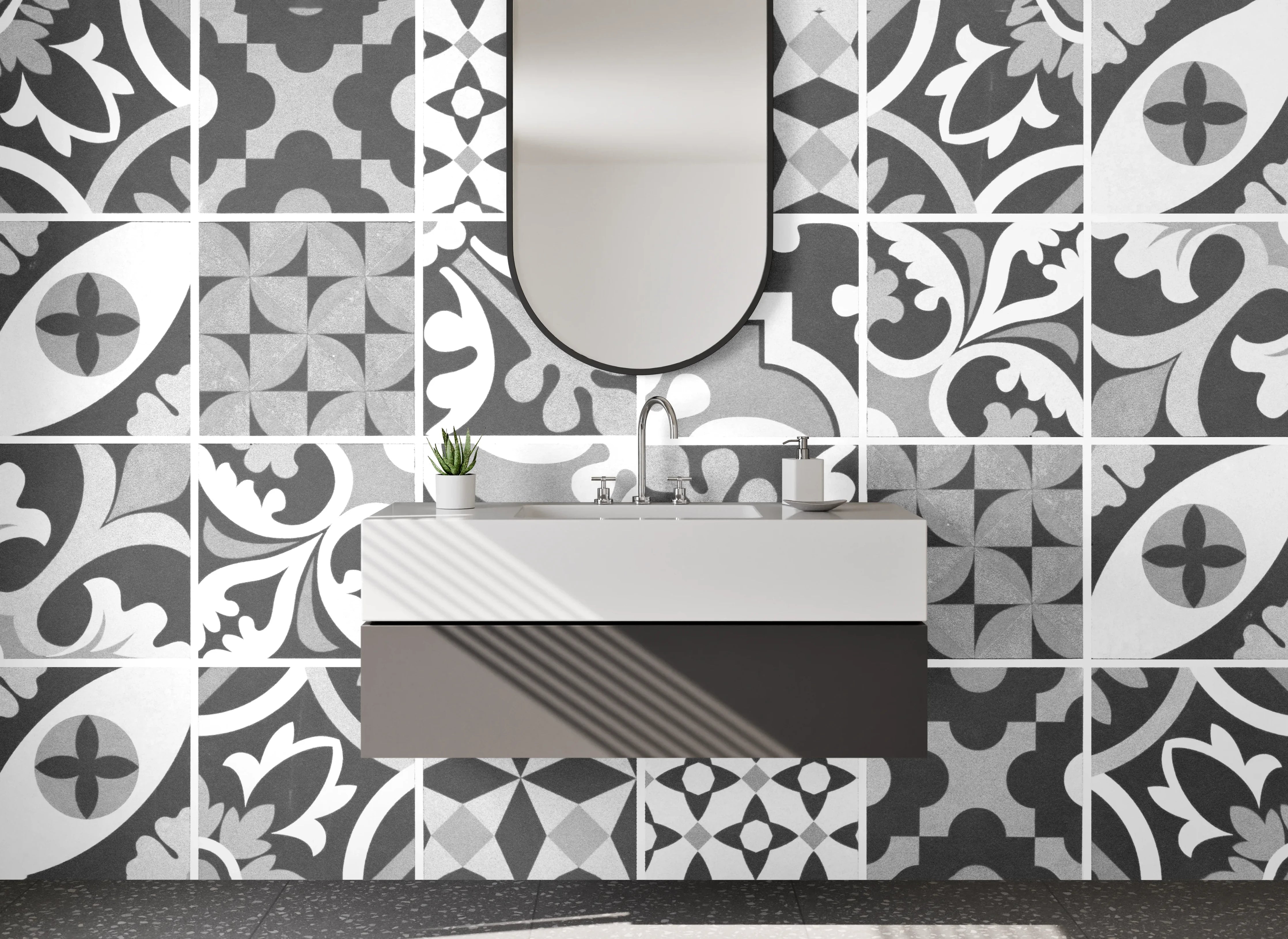 Waschbecken-Rückwand - Schwarz-weiße Vintage-Mosaik Fliesenmuster