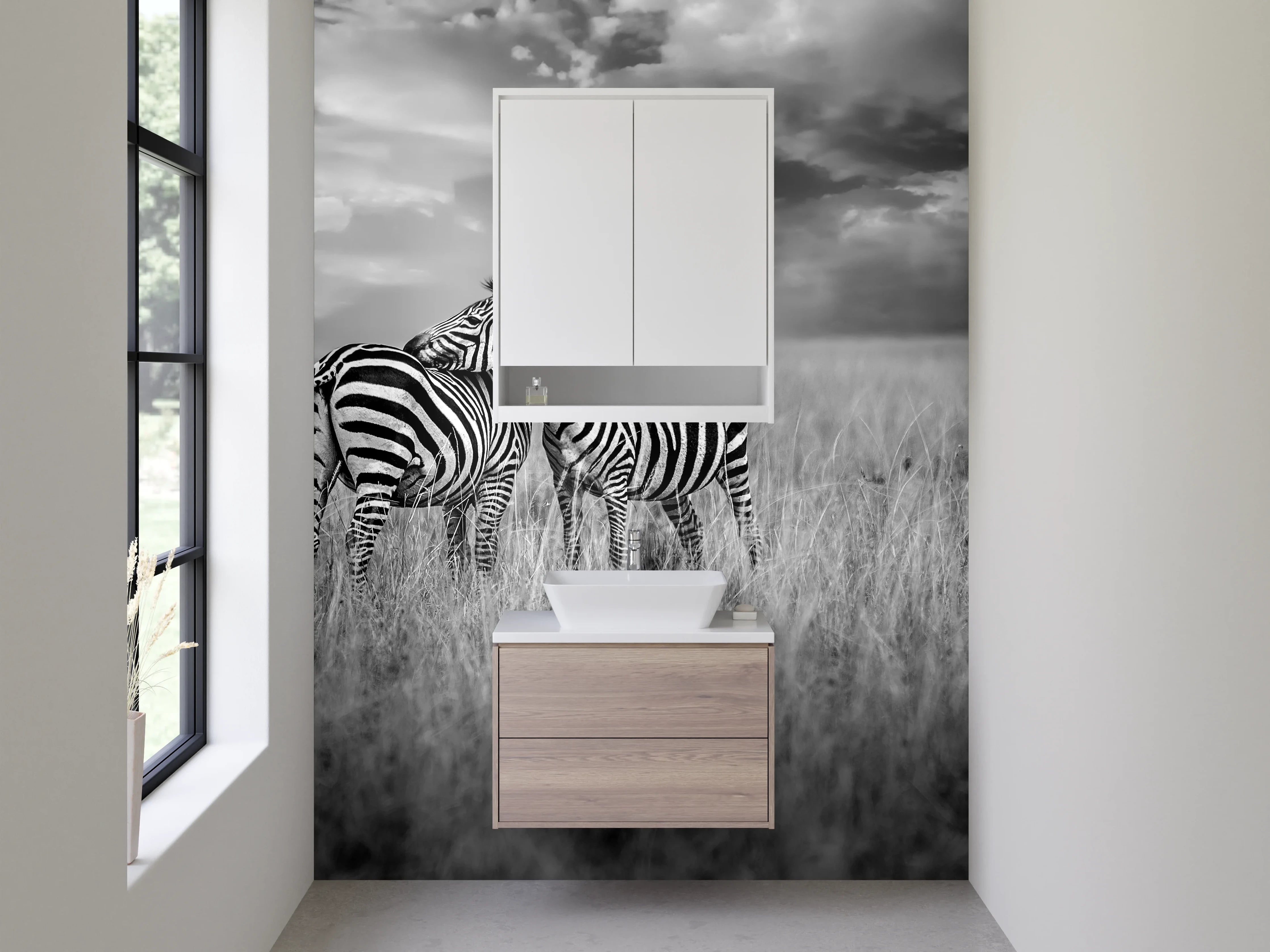 Waschbecken-Rückwand - Schwarz-weiße Zebras auf Savanne