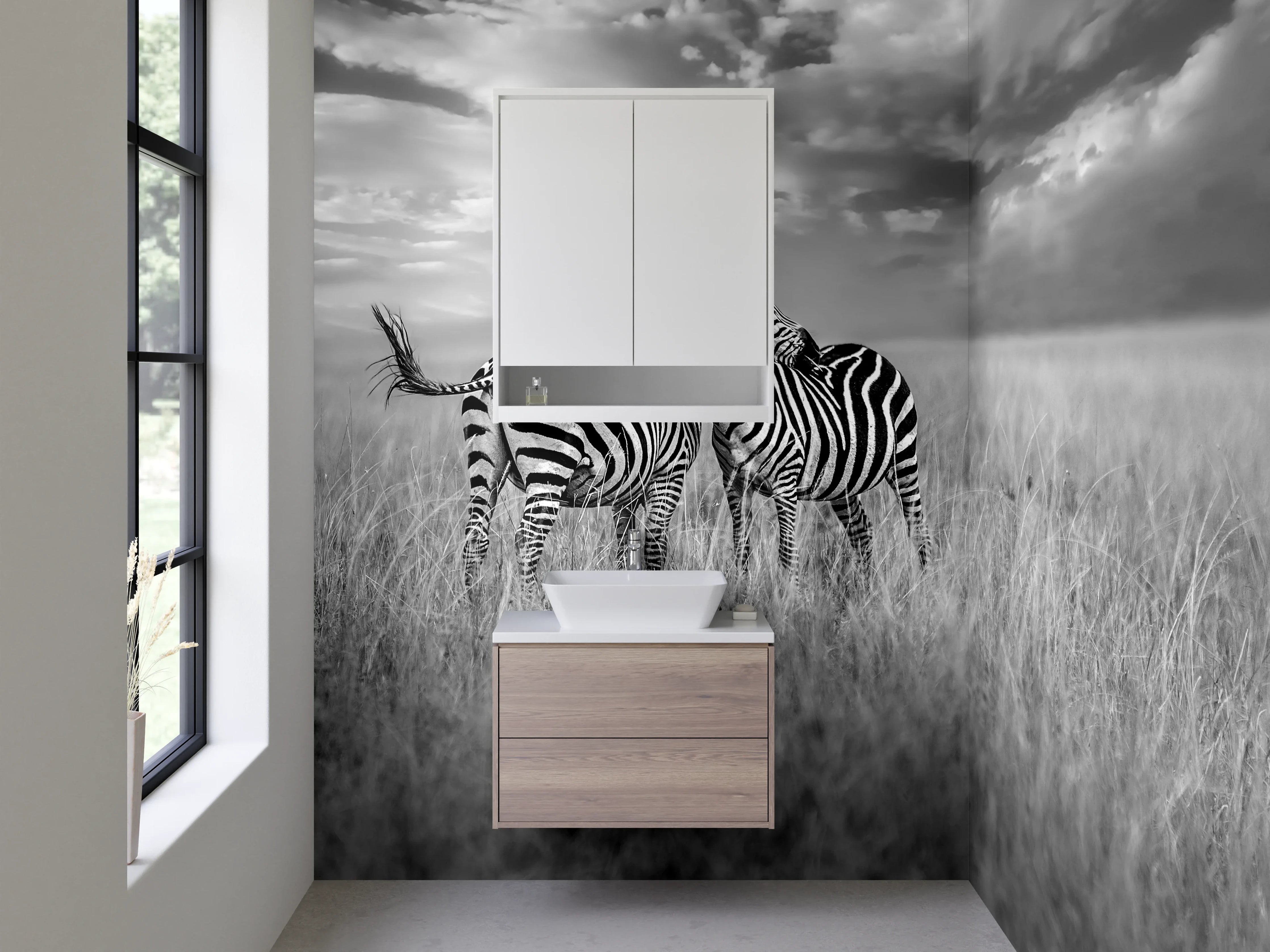 Waschbecken-Rückwand - Schwarz-weiße Zebras auf Savanne