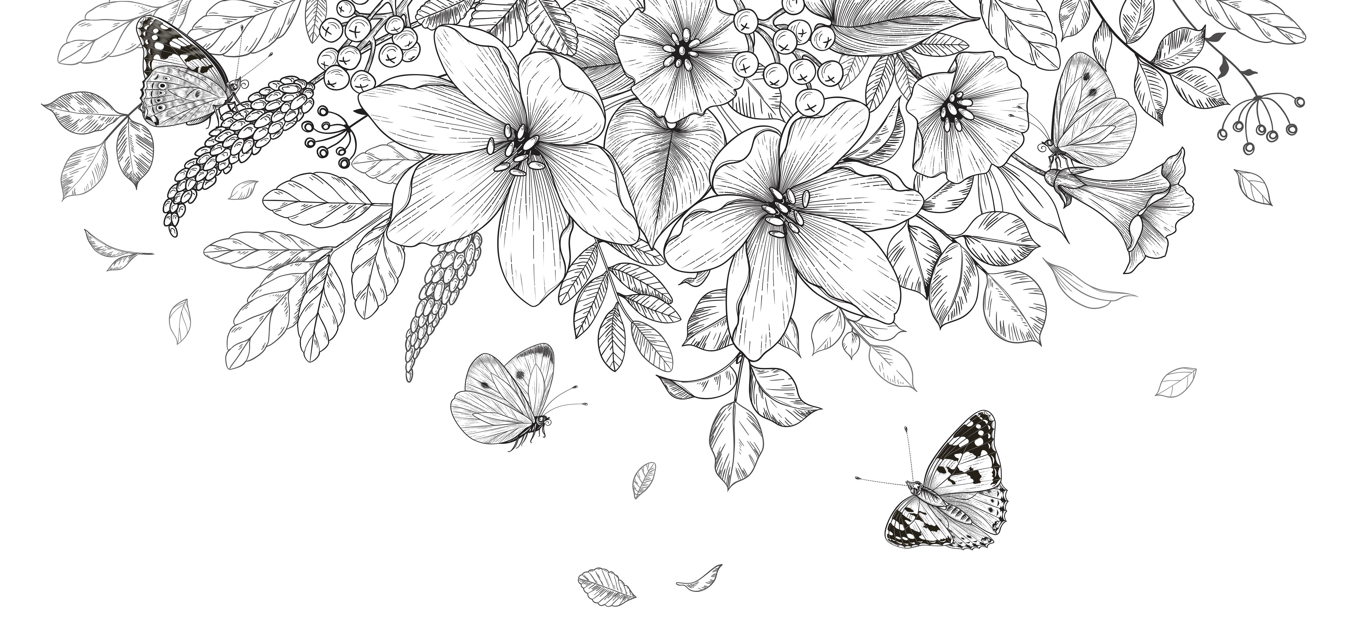 Waschbecken-Rückwand-Schwarz-weiße florale Lineart mit Schmetterlingen
