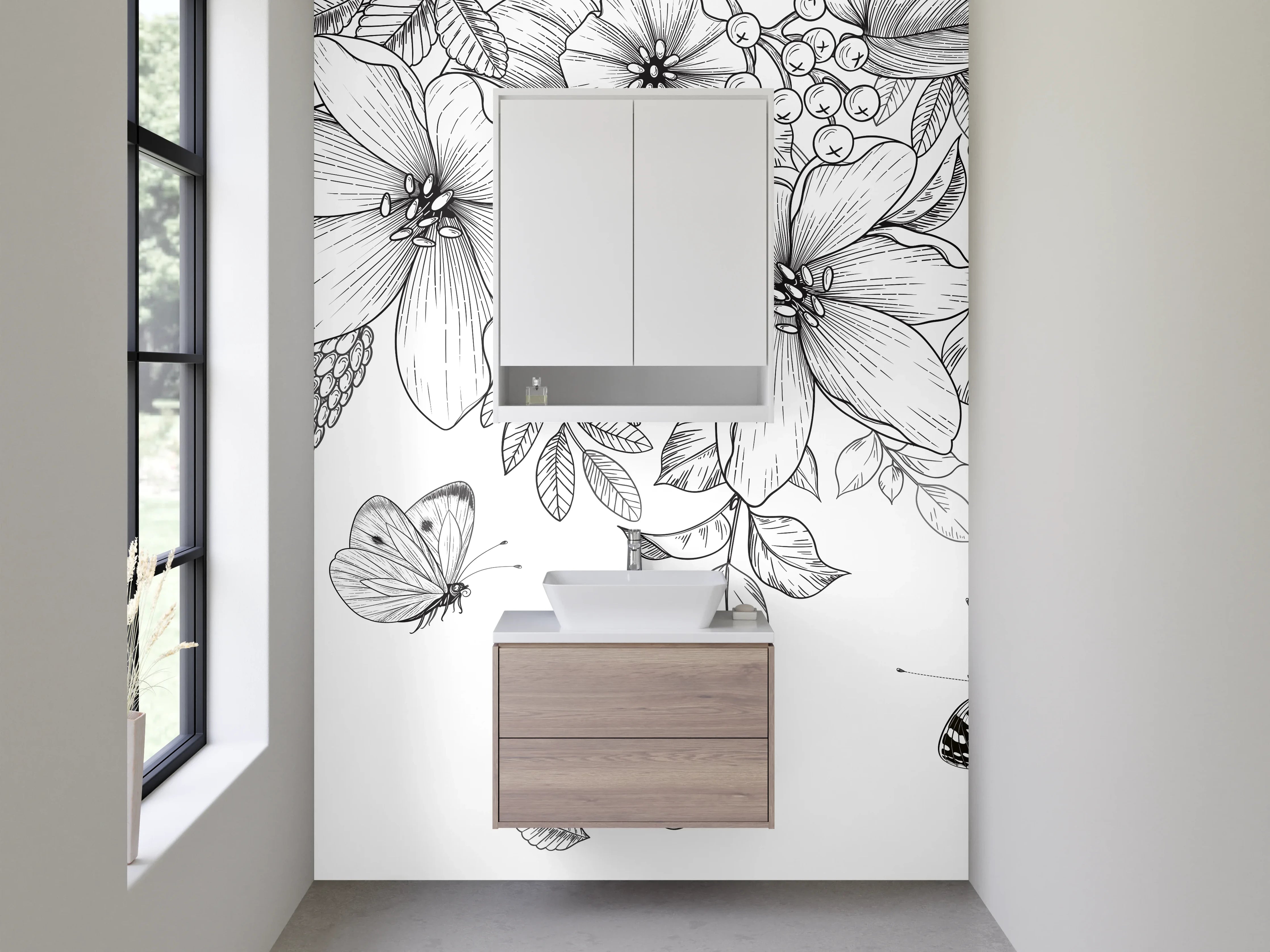 Waschbecken-Rückwand - Schwarz-weiße florale Lineart mit Schmetterlingen