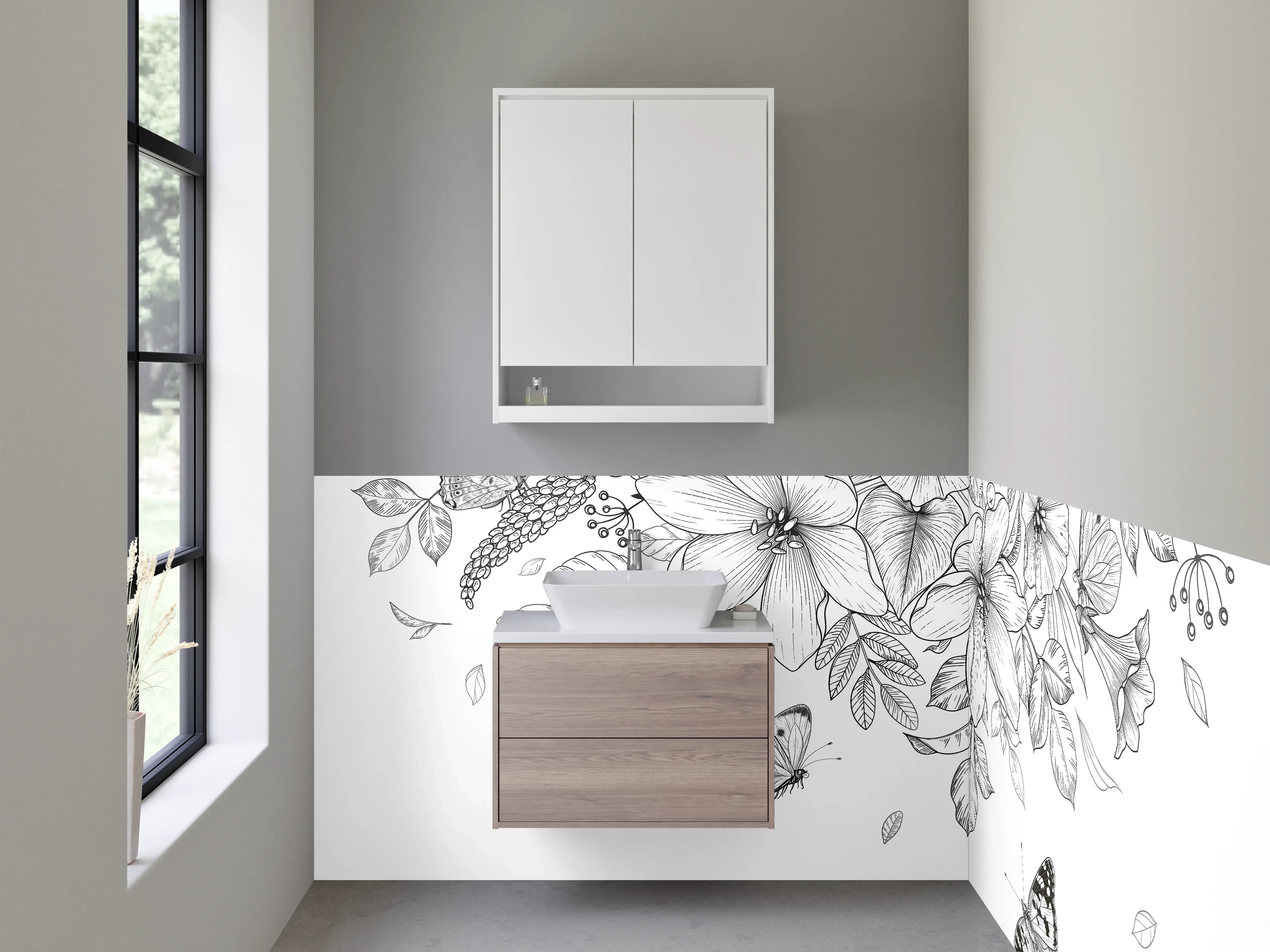 Waschbecken-Rückwand - Schwarz-weiße florale Lineart mit Schmetterlingen