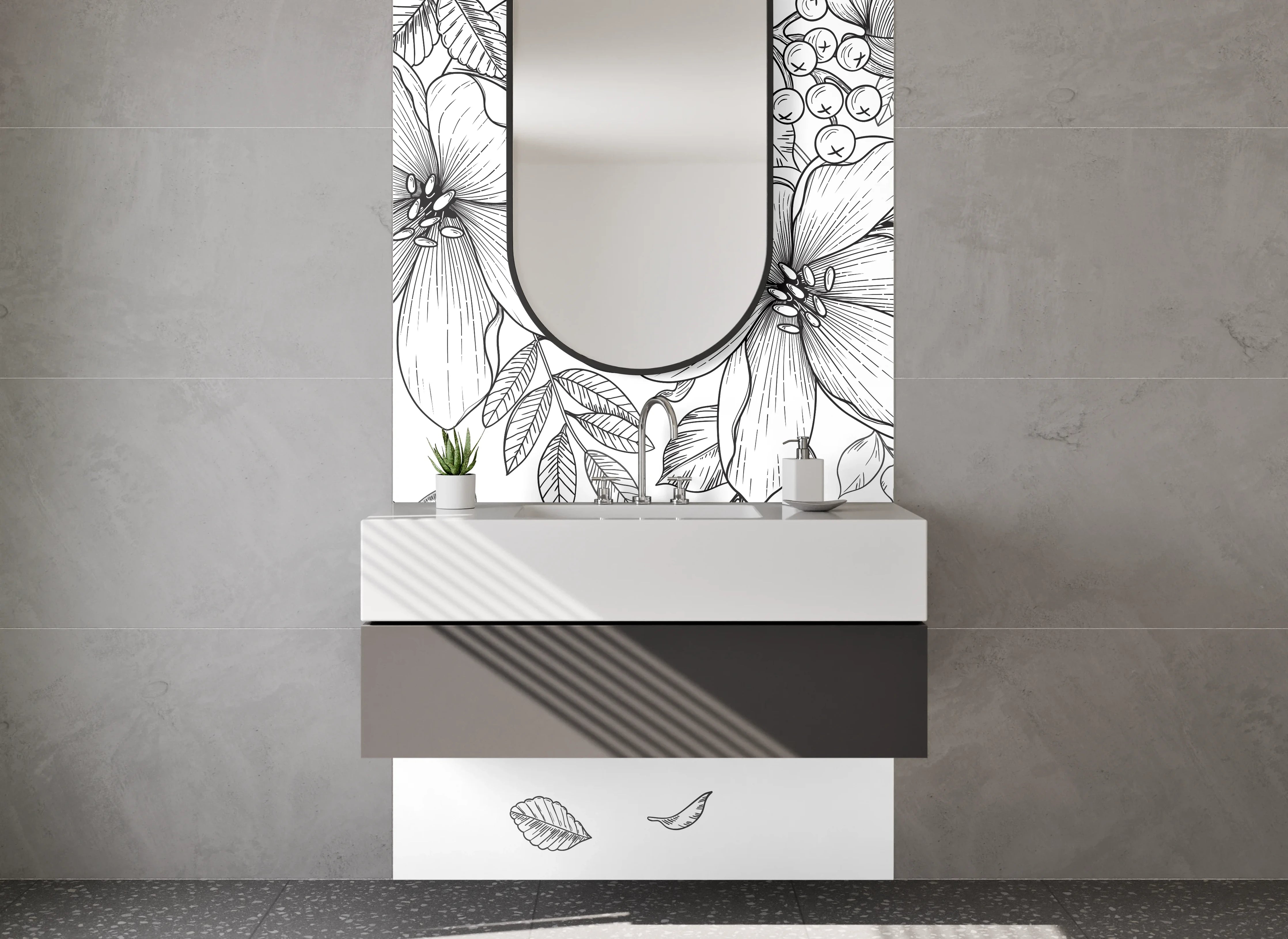 Waschbecken-Rückwand - Schwarz-weiße florale Lineart mit Schmetterlingen