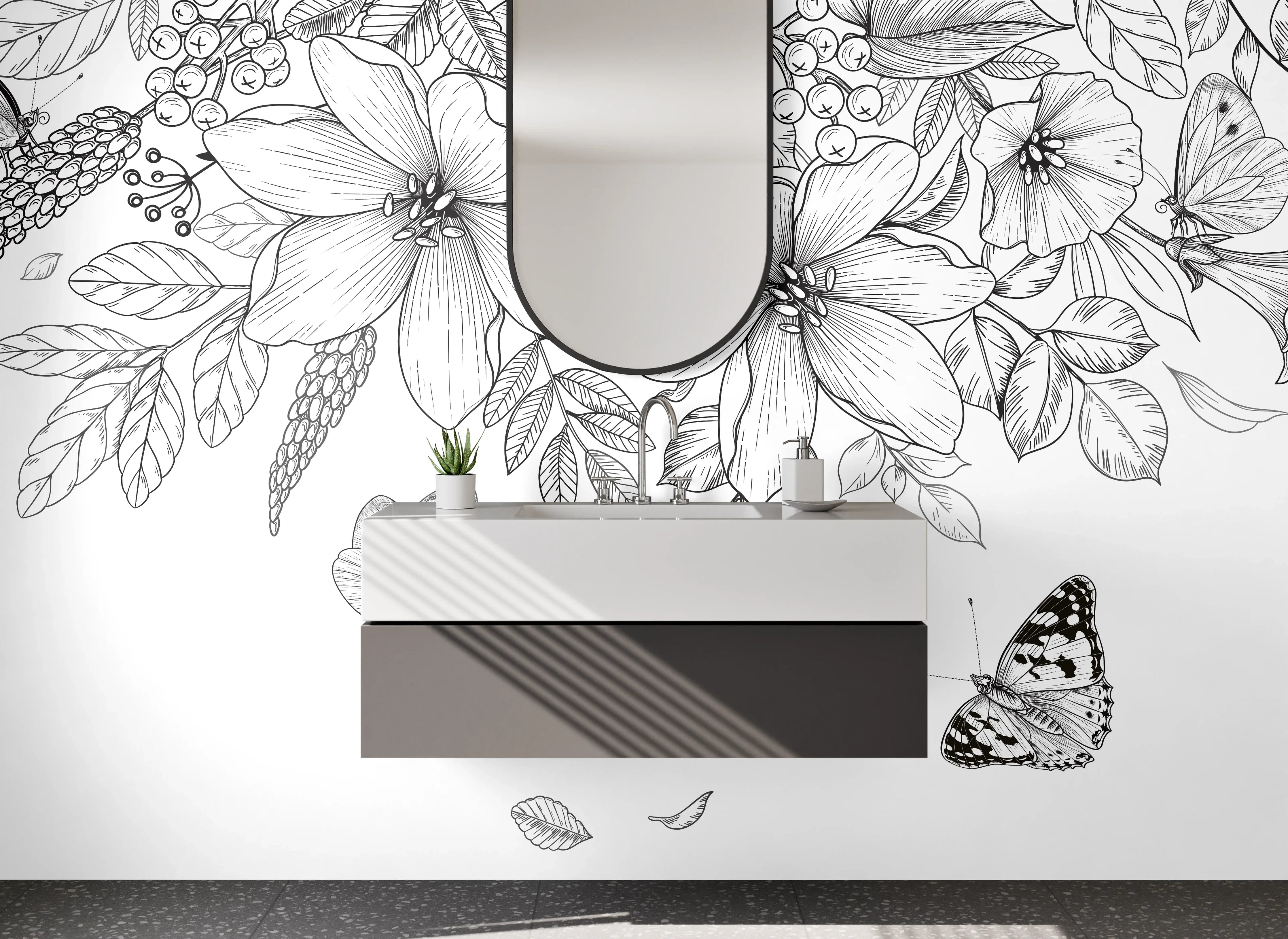 Waschbecken-Rückwand - Schwarz-weiße florale Lineart mit Schmetterlingen
