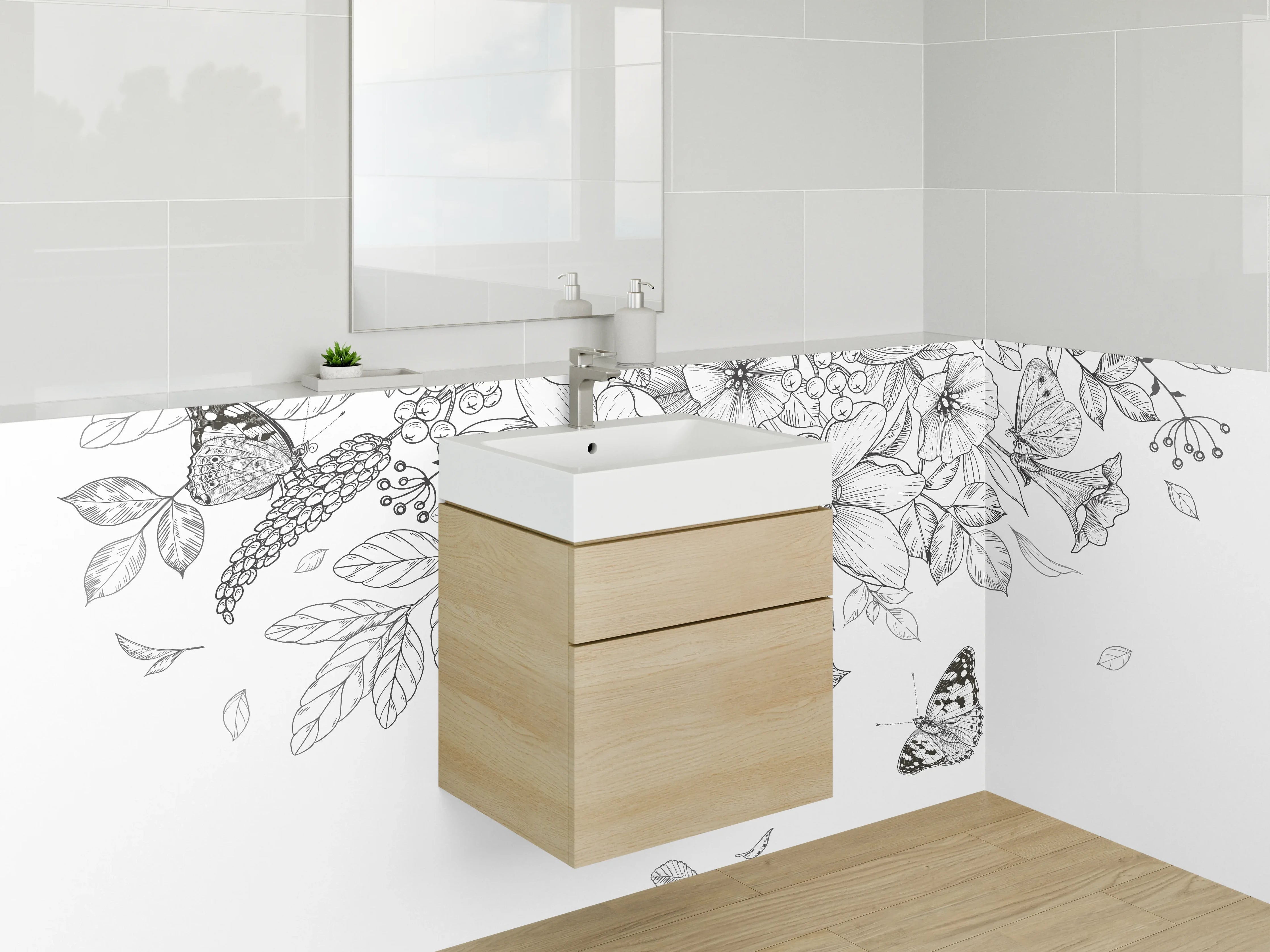 Waschbecken-Rückwand - Schwarz-weiße florale Lineart mit Schmetterlingen
