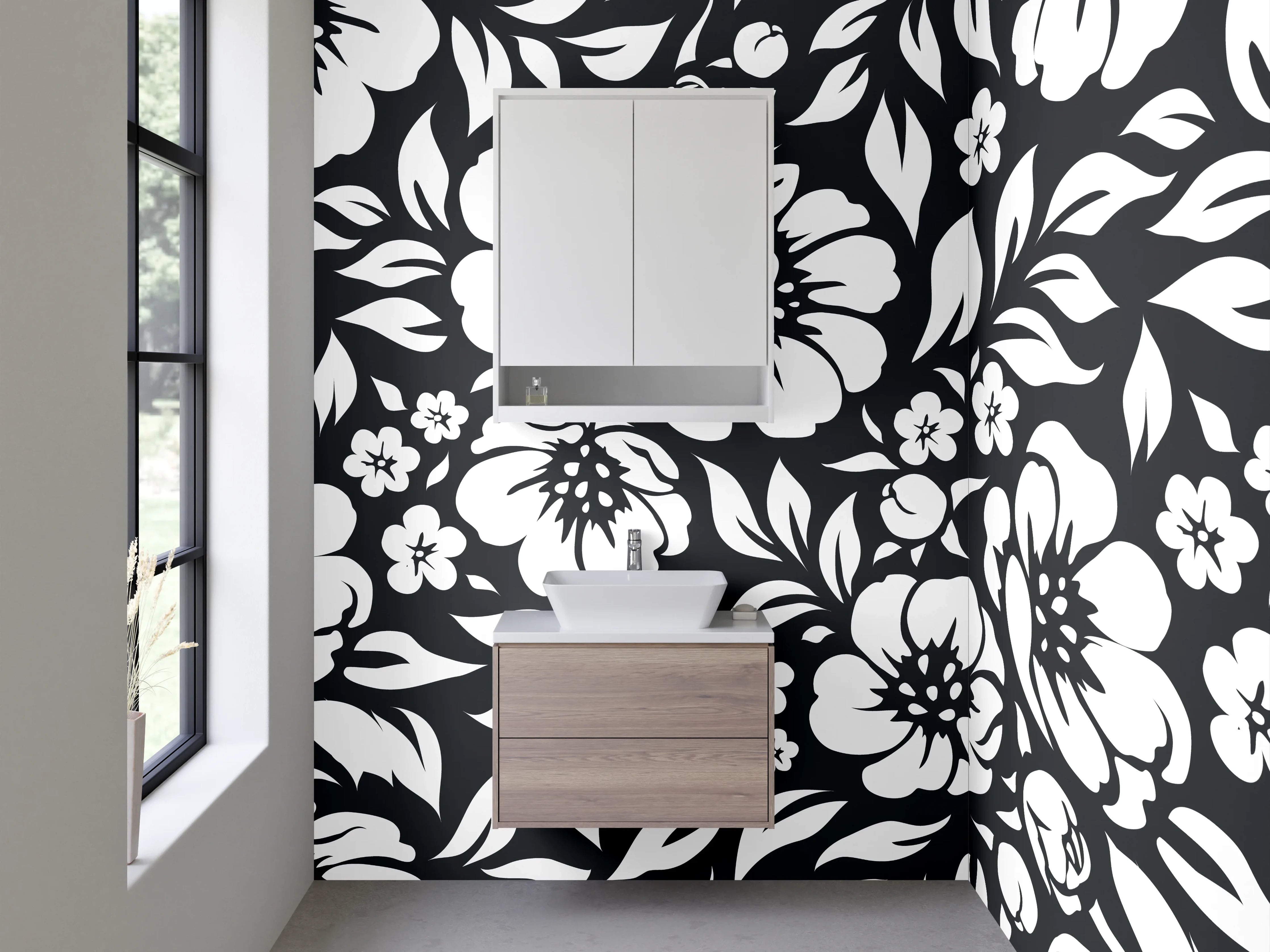 Waschbecken-Rückwand - Schwarz-weiße florale Muster Eleganz