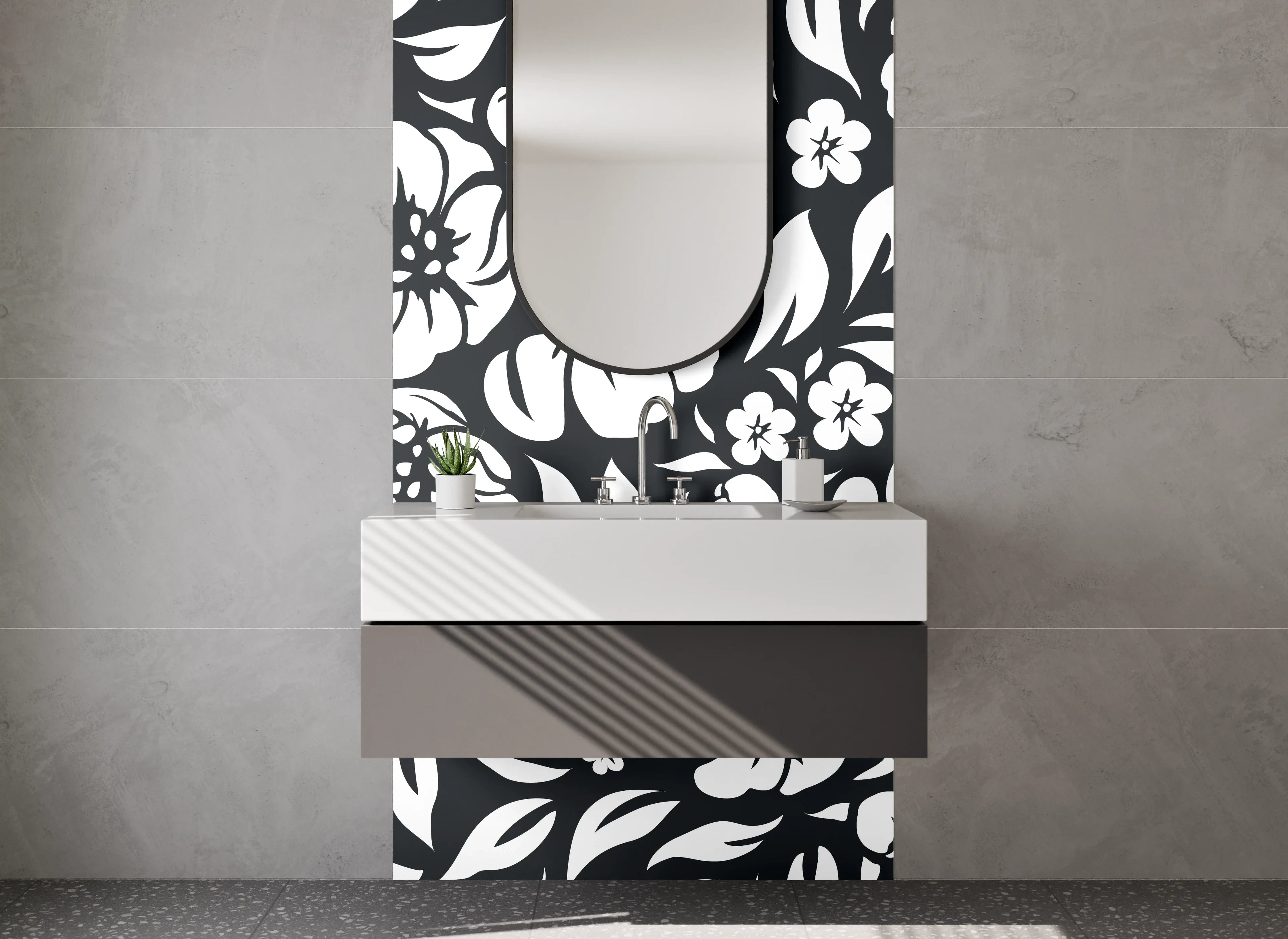 Waschbecken-Rückwand - Schwarz-weiße florale Muster Eleganz