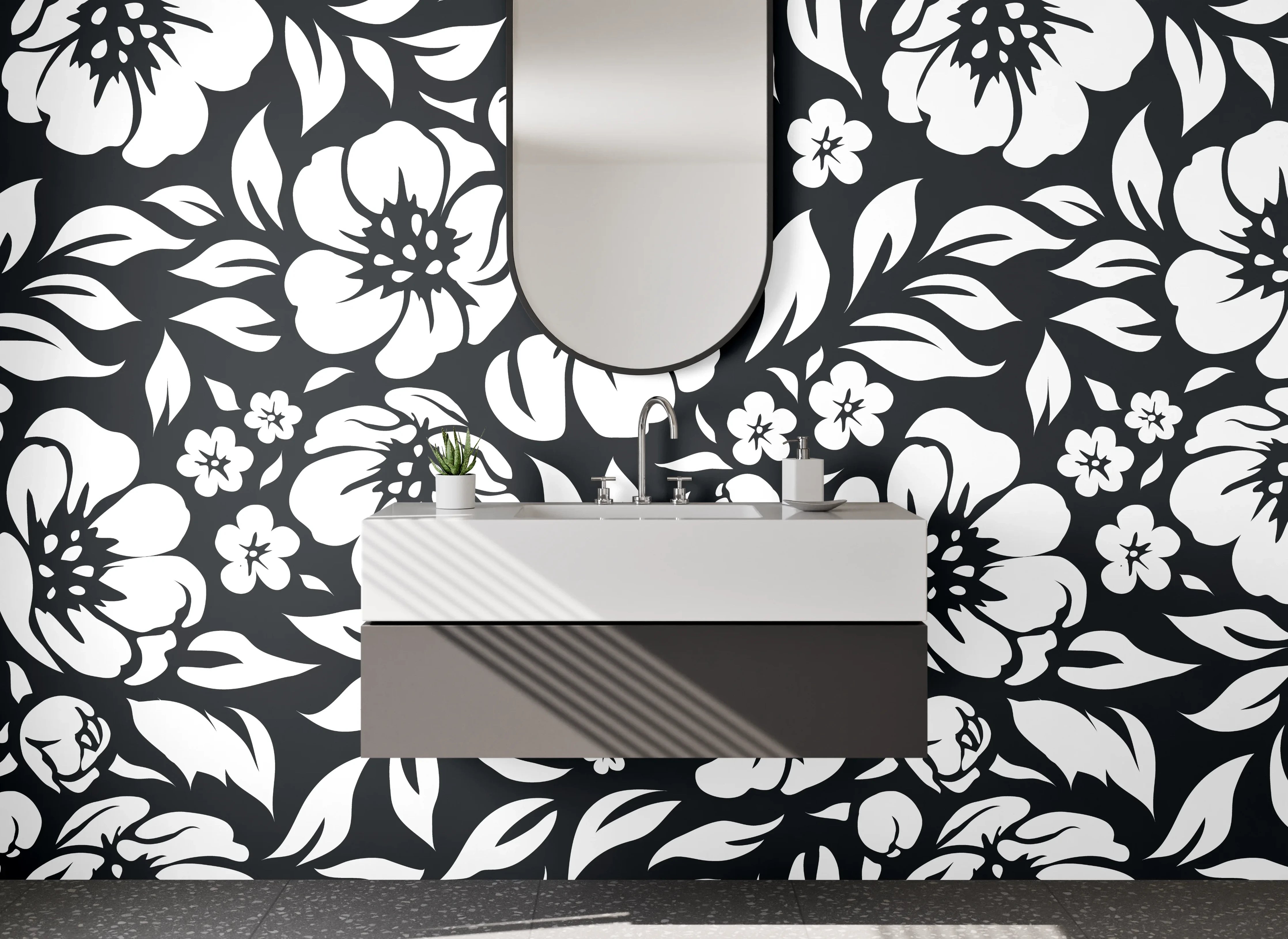 Waschbecken-Rückwand - Schwarz-weiße florale Muster Eleganz