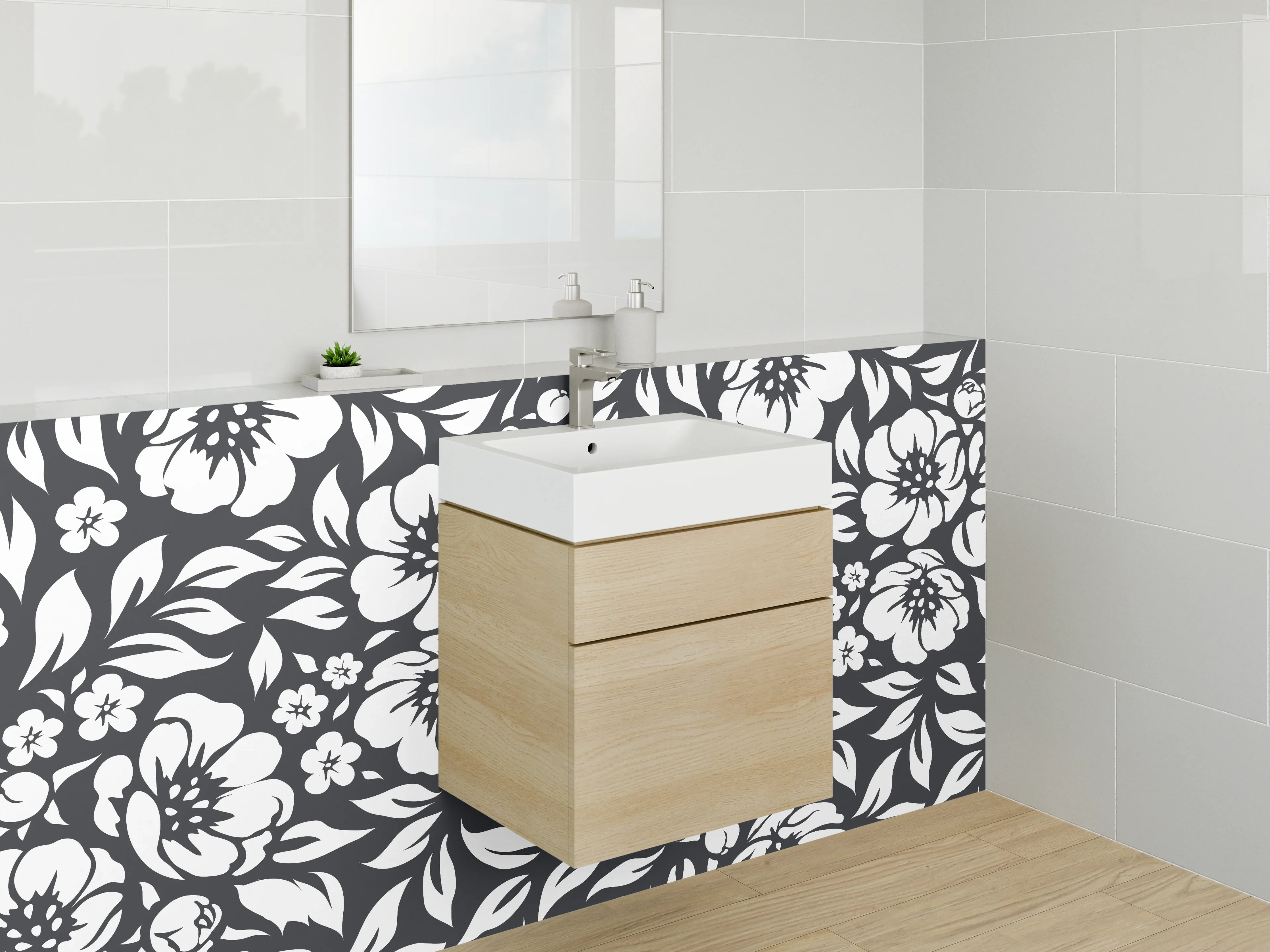 Waschbecken-Rückwand - Schwarz-weiße florale Muster Eleganz