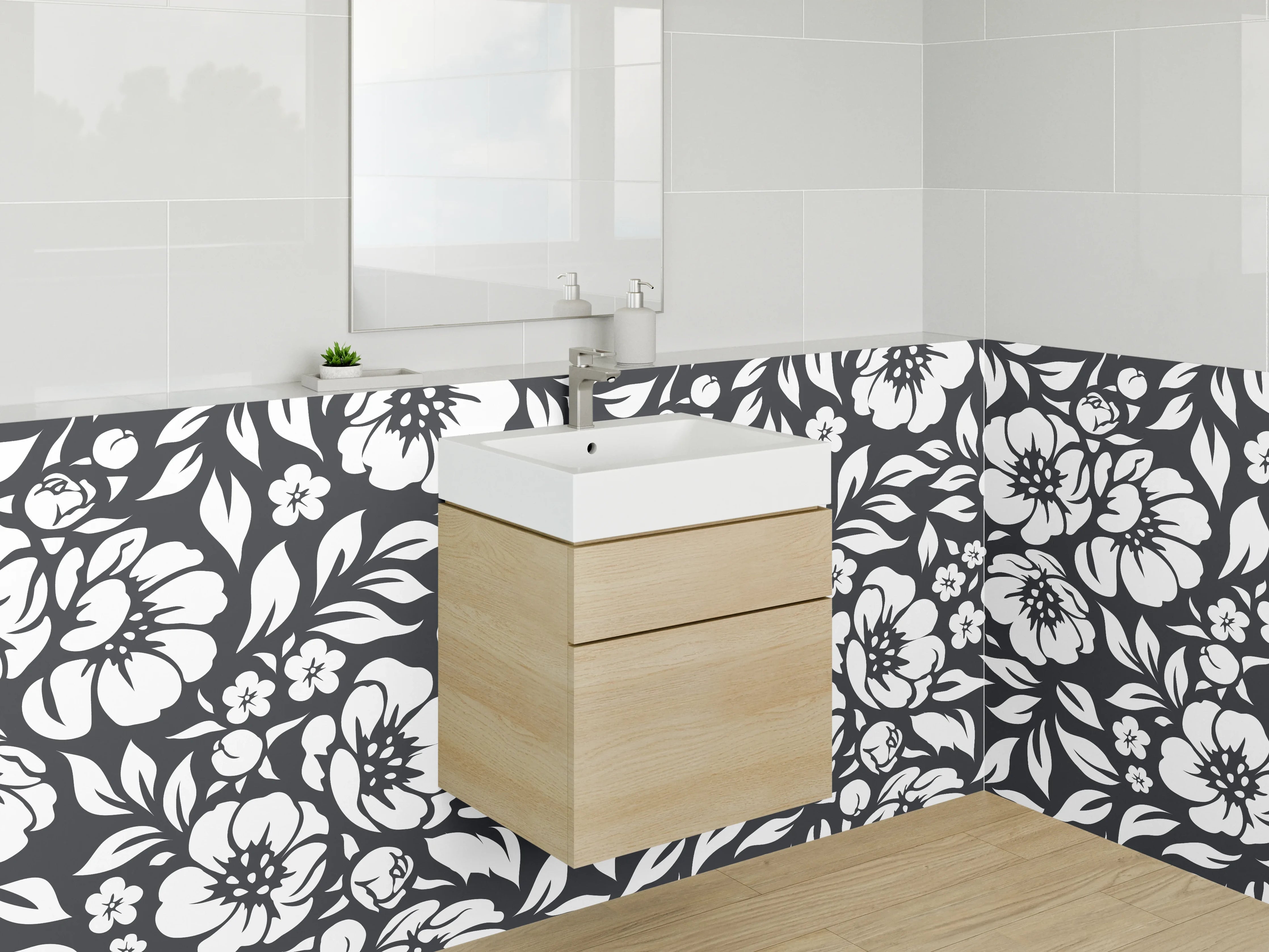 Waschbecken-Rückwand - Schwarz-weiße florale Muster Eleganz