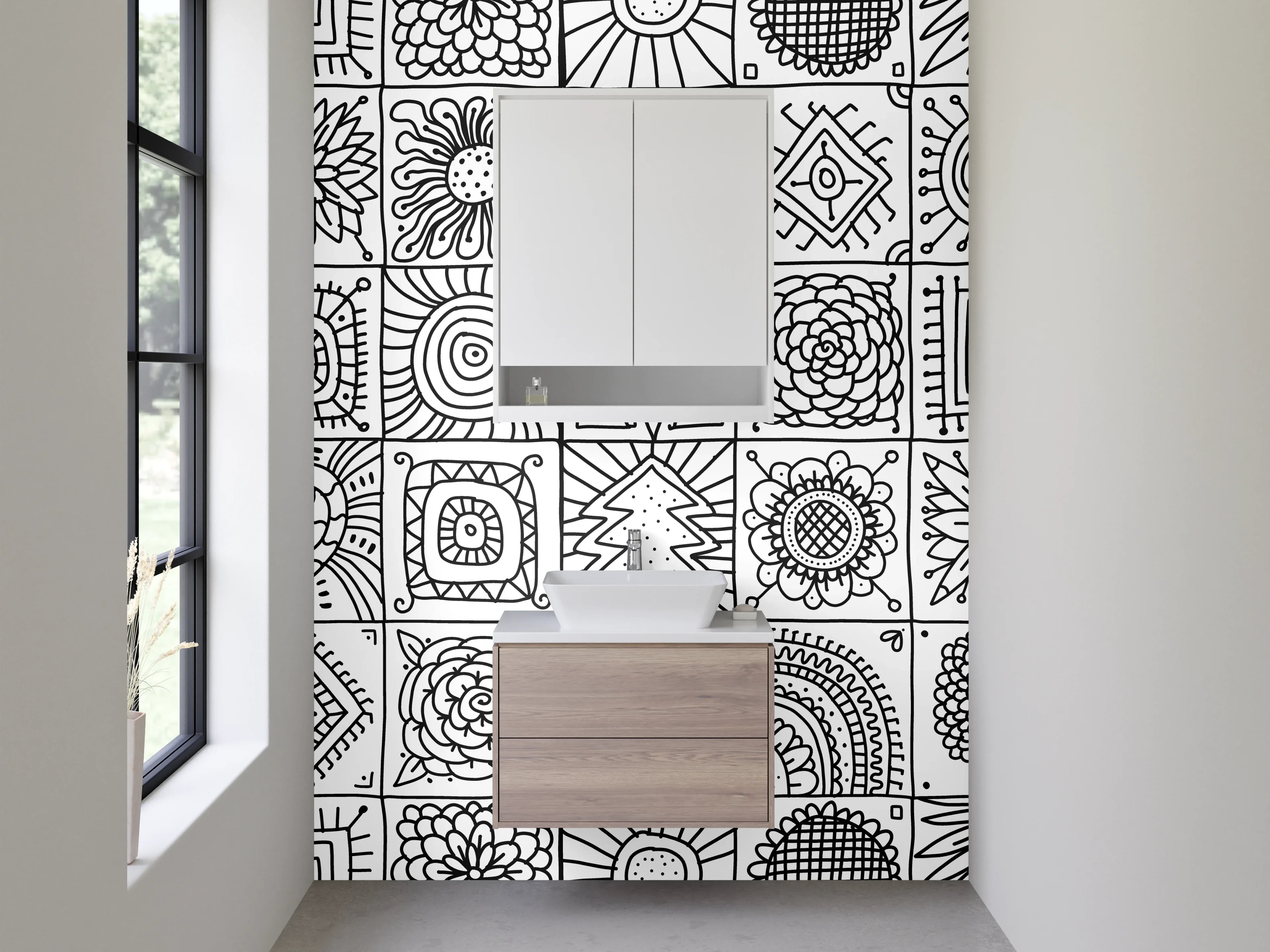 Waschbecken-Rückwand - Schwarz-weiße geometrische Retro-Musterfliesen