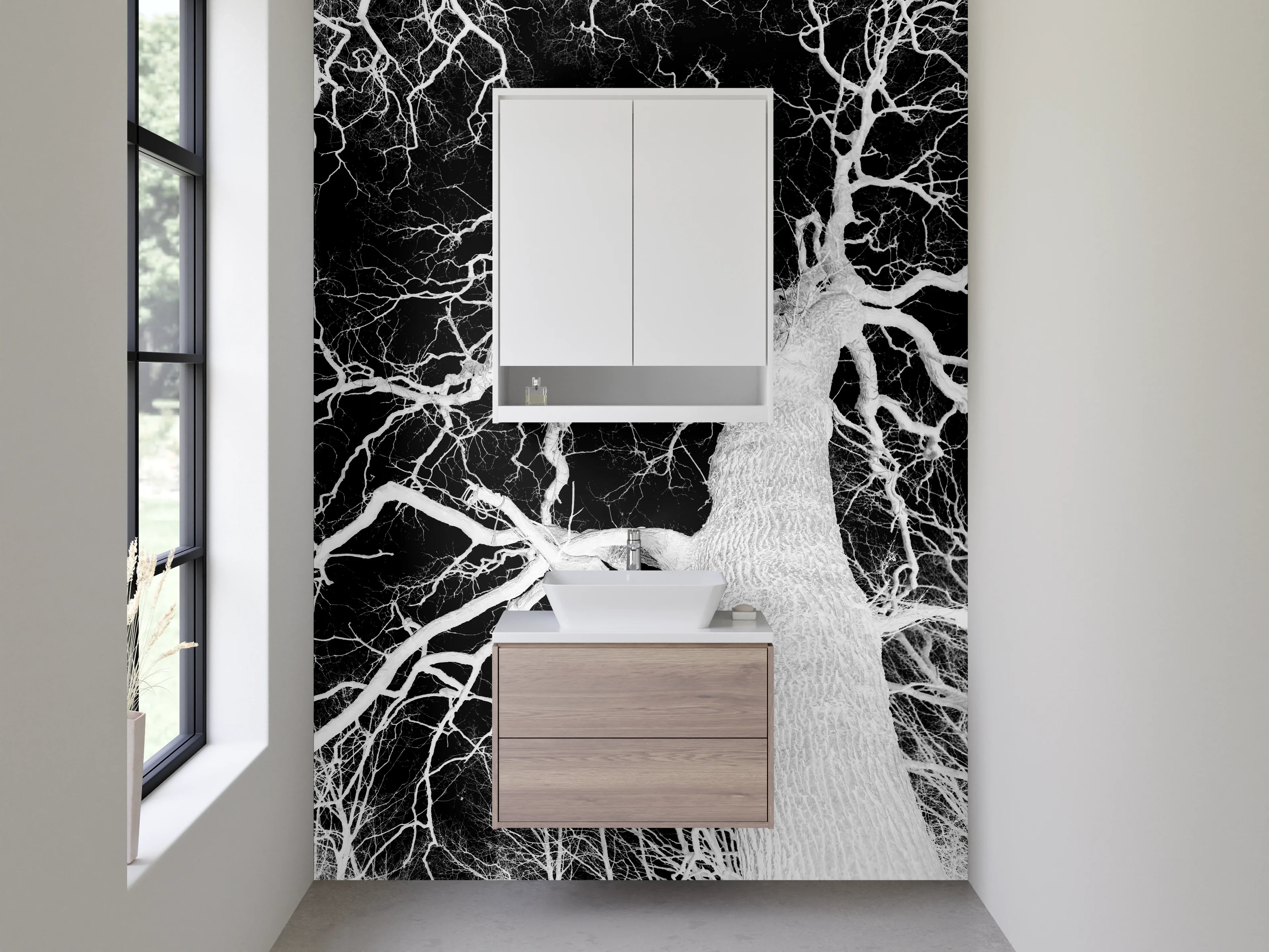 Waschbecken-Rückwand - Schwarz-weißer Baum im Negativ-Stil