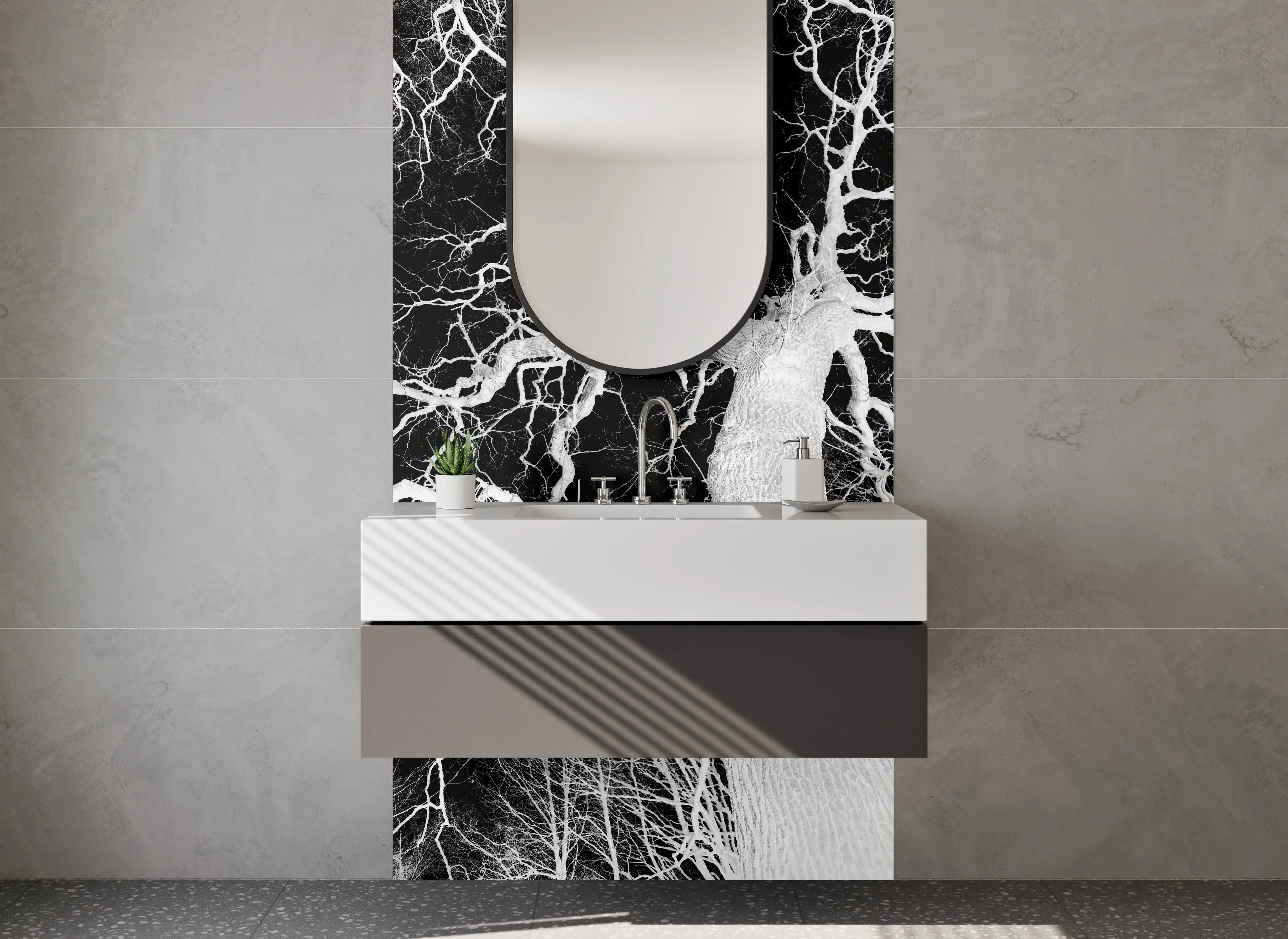 Waschbecken-Rückwand - Schwarz-weißer Baum im Negativ-Stil