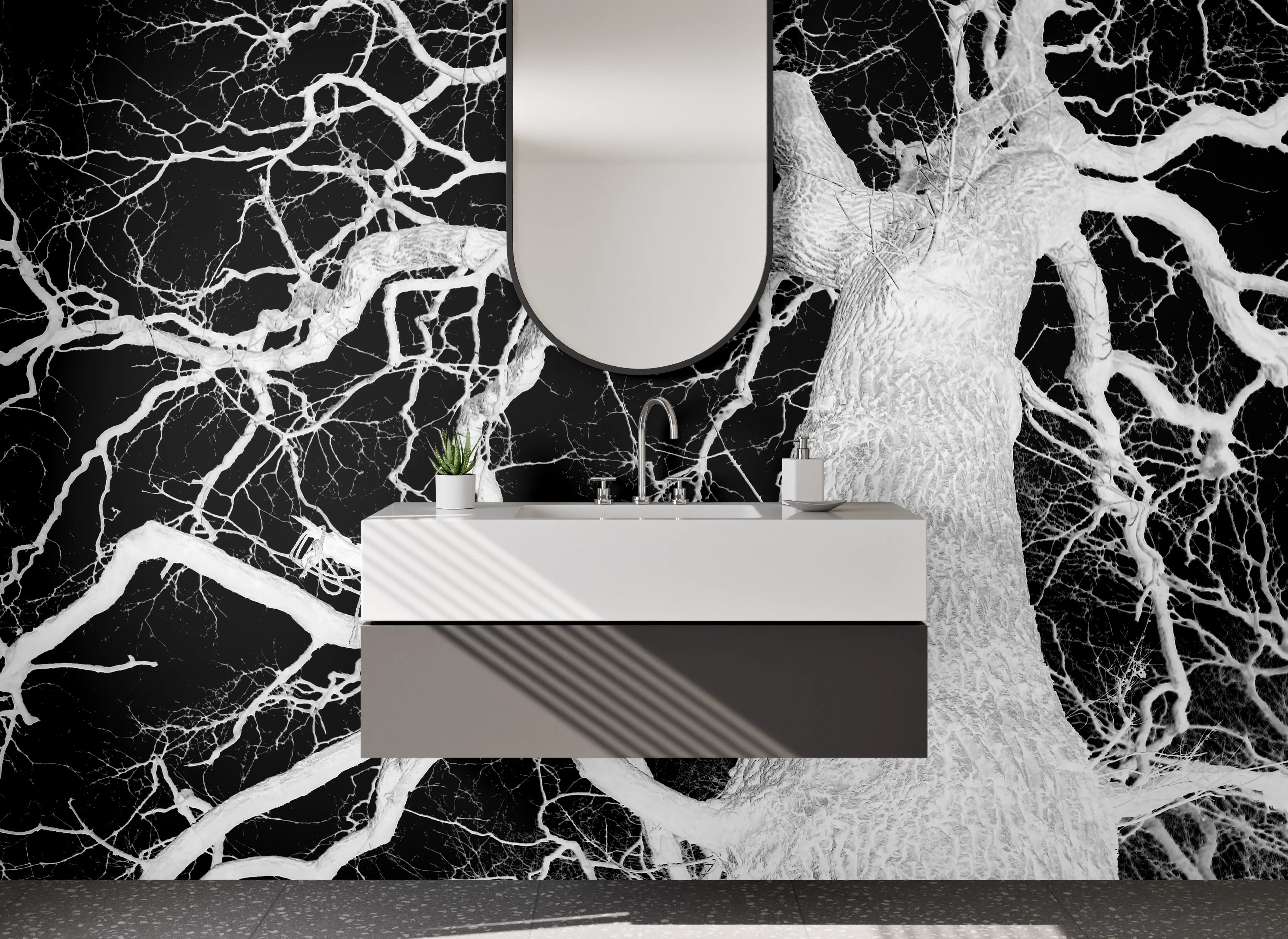 Waschbecken-Rückwand - Schwarz-weißer Baum im Negativ-Stil