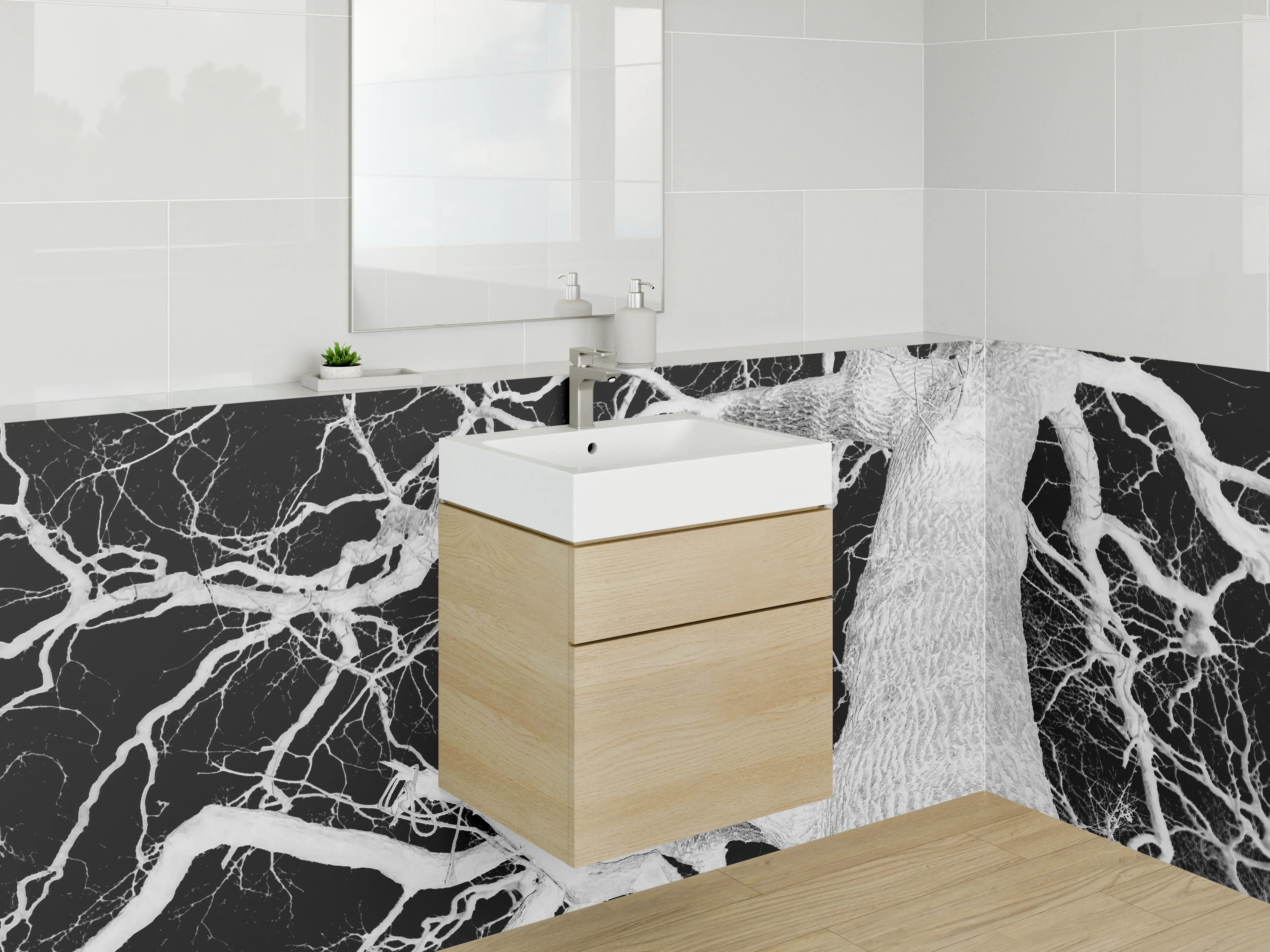 Waschbecken-Rückwand - Schwarz-weißer Baum im Negativ-Stil