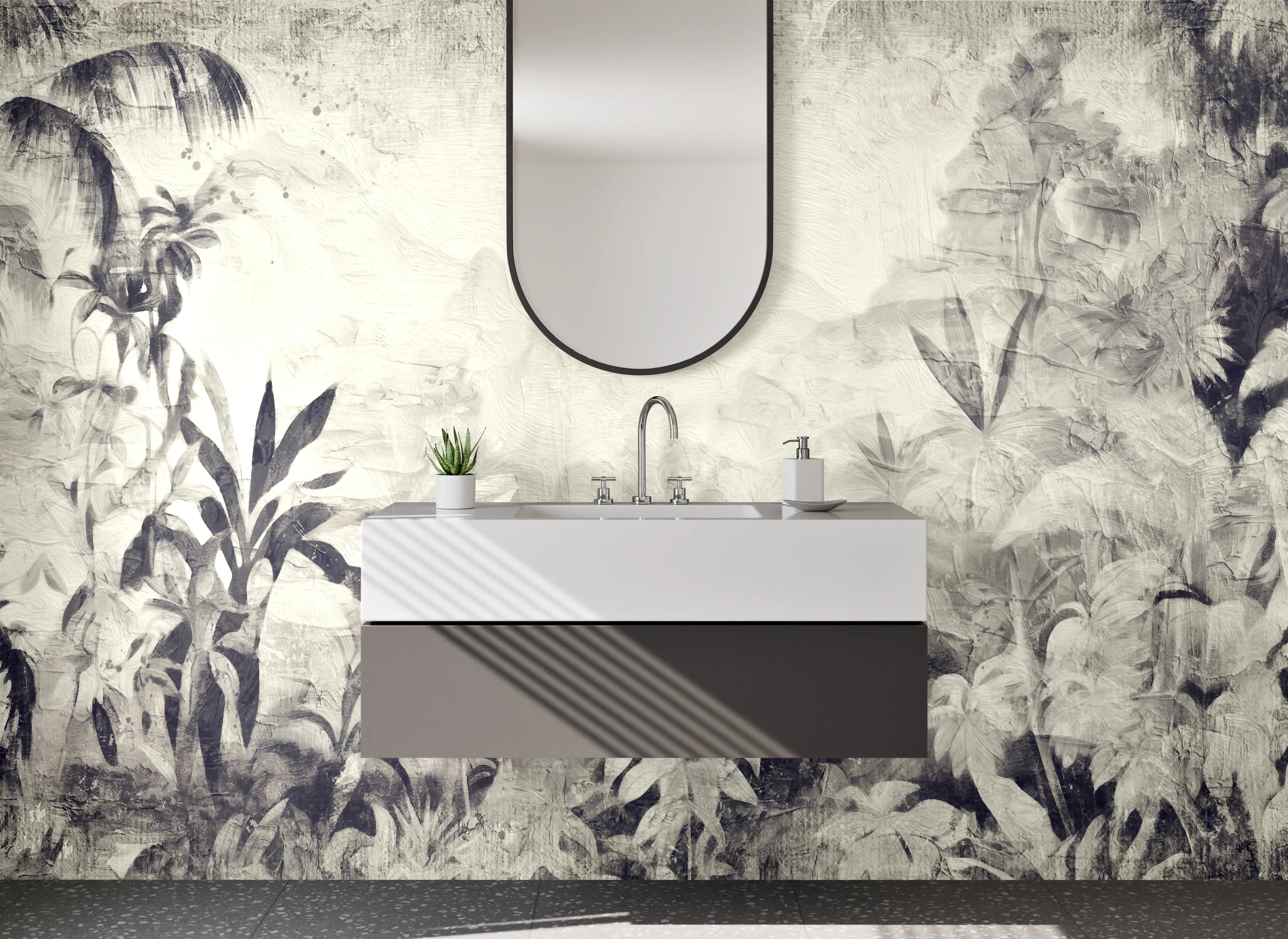 Waschbecken-Rückwand - Schwarz-weißer Dschungel Aquarell Design