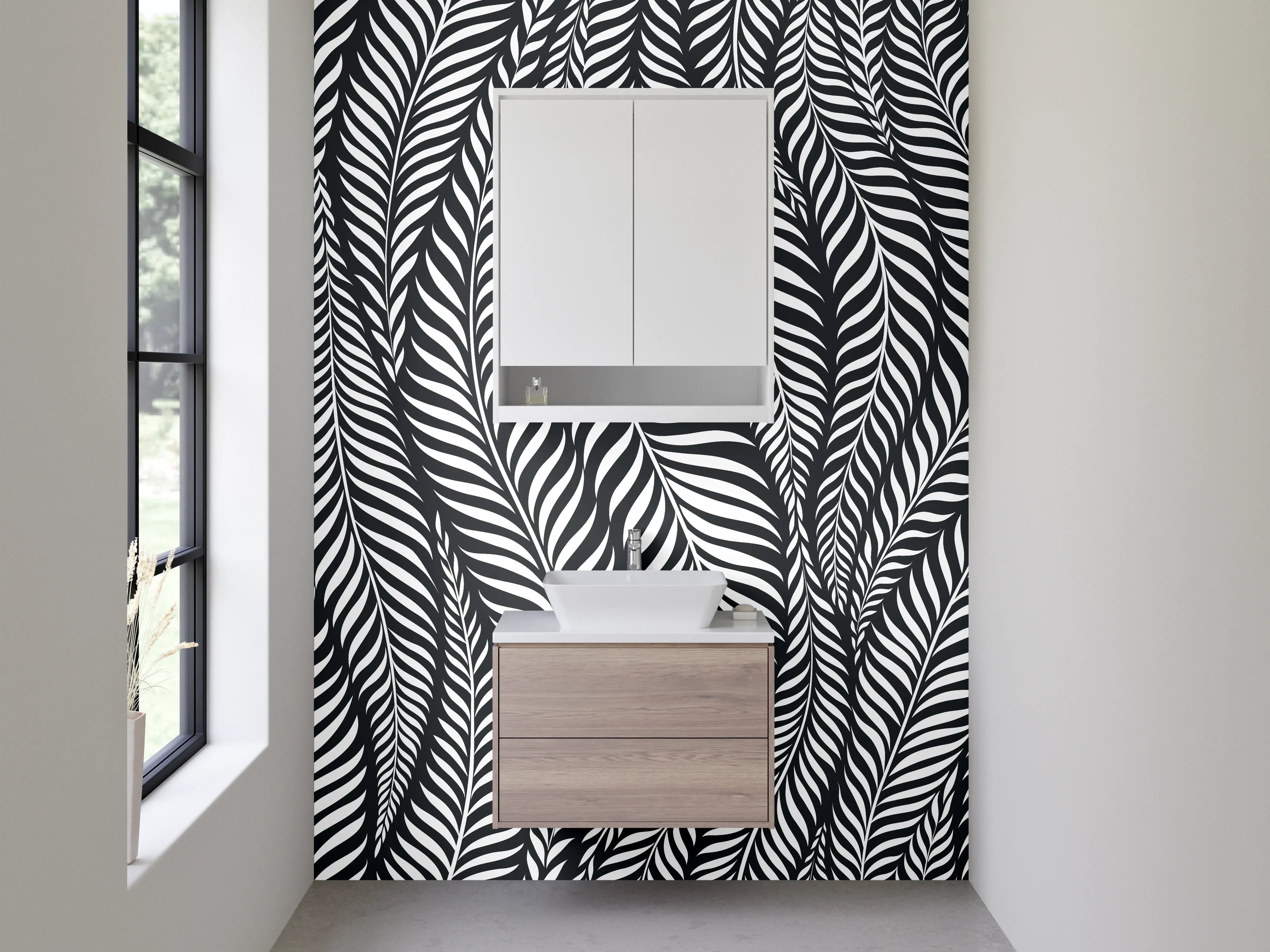 Waschbecken-Rückwand - Schwarz-weißes Blattmuster Design