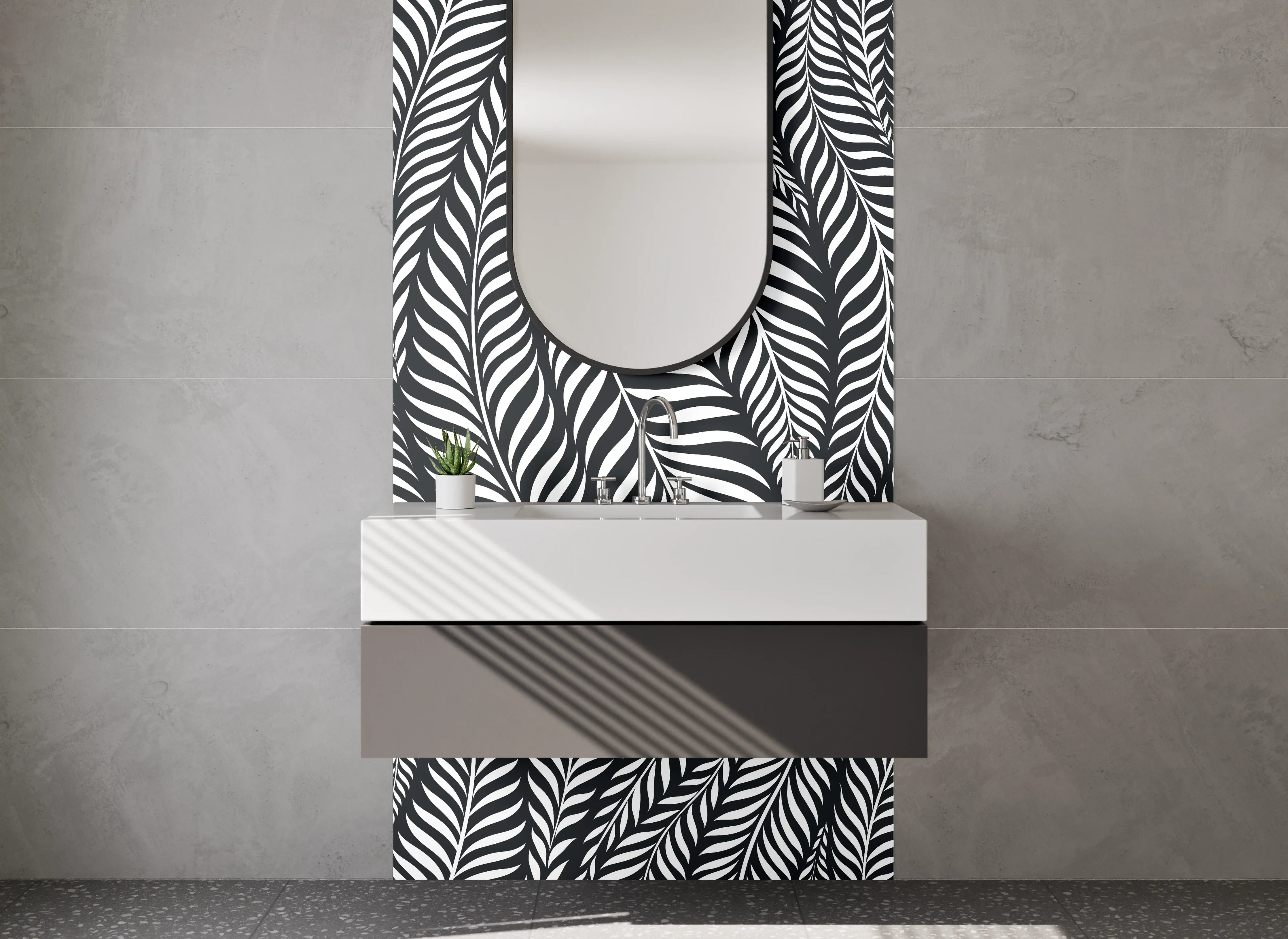 Waschbecken-Rückwand - Schwarz-weißes Blattmuster Design