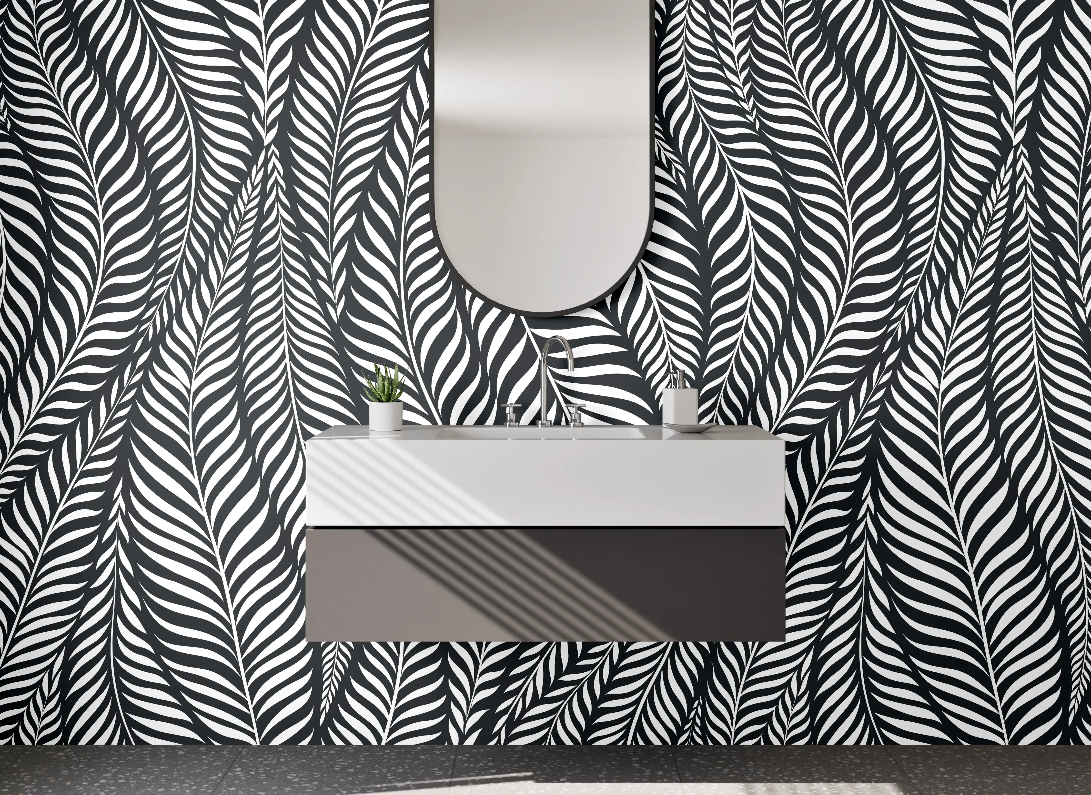 Waschbecken-Rückwand - Schwarz-weißes Blattmuster Design