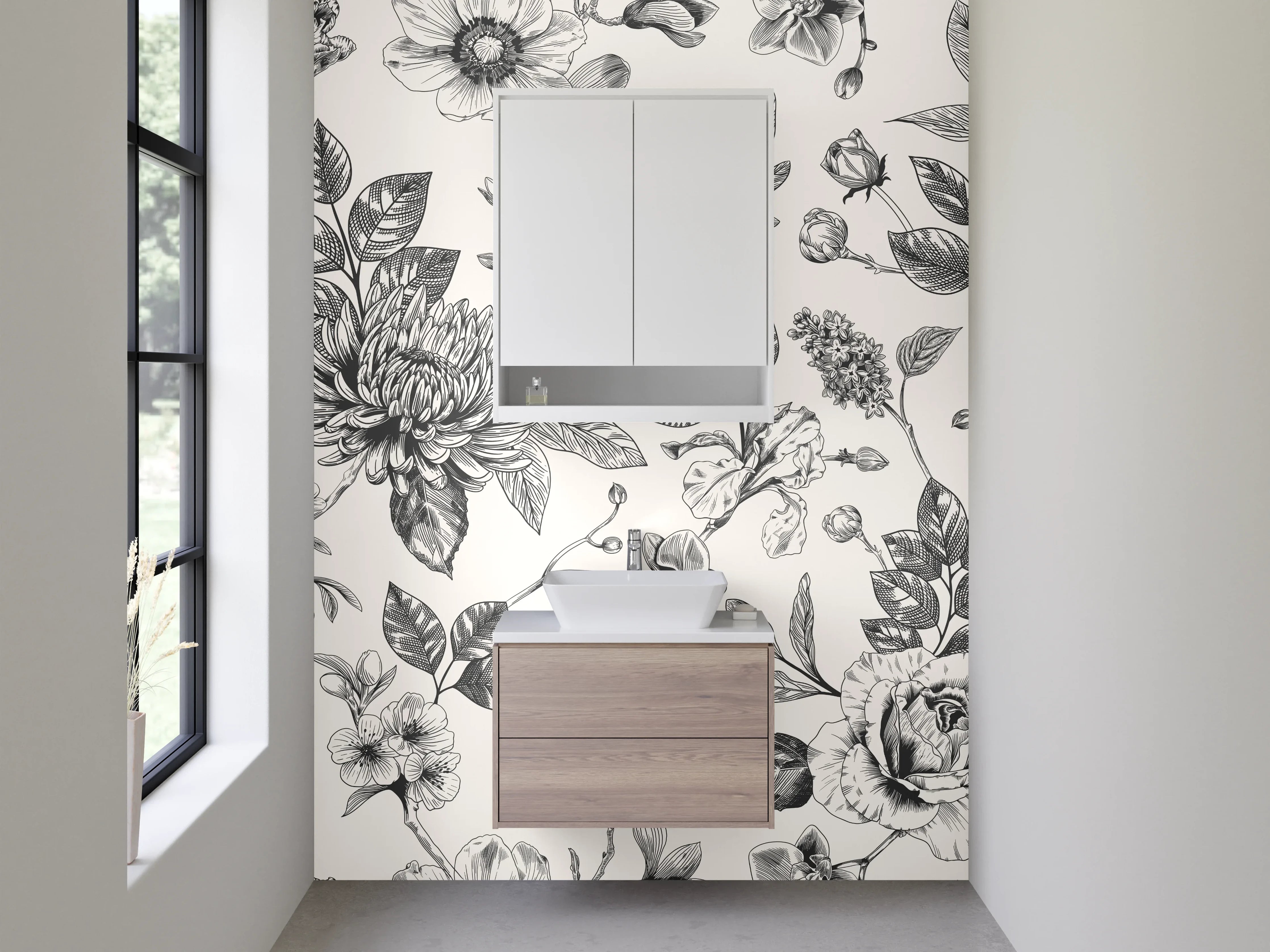 Waschbecken-Rückwand - Schwarz-weißes Blumen-Muster Design
