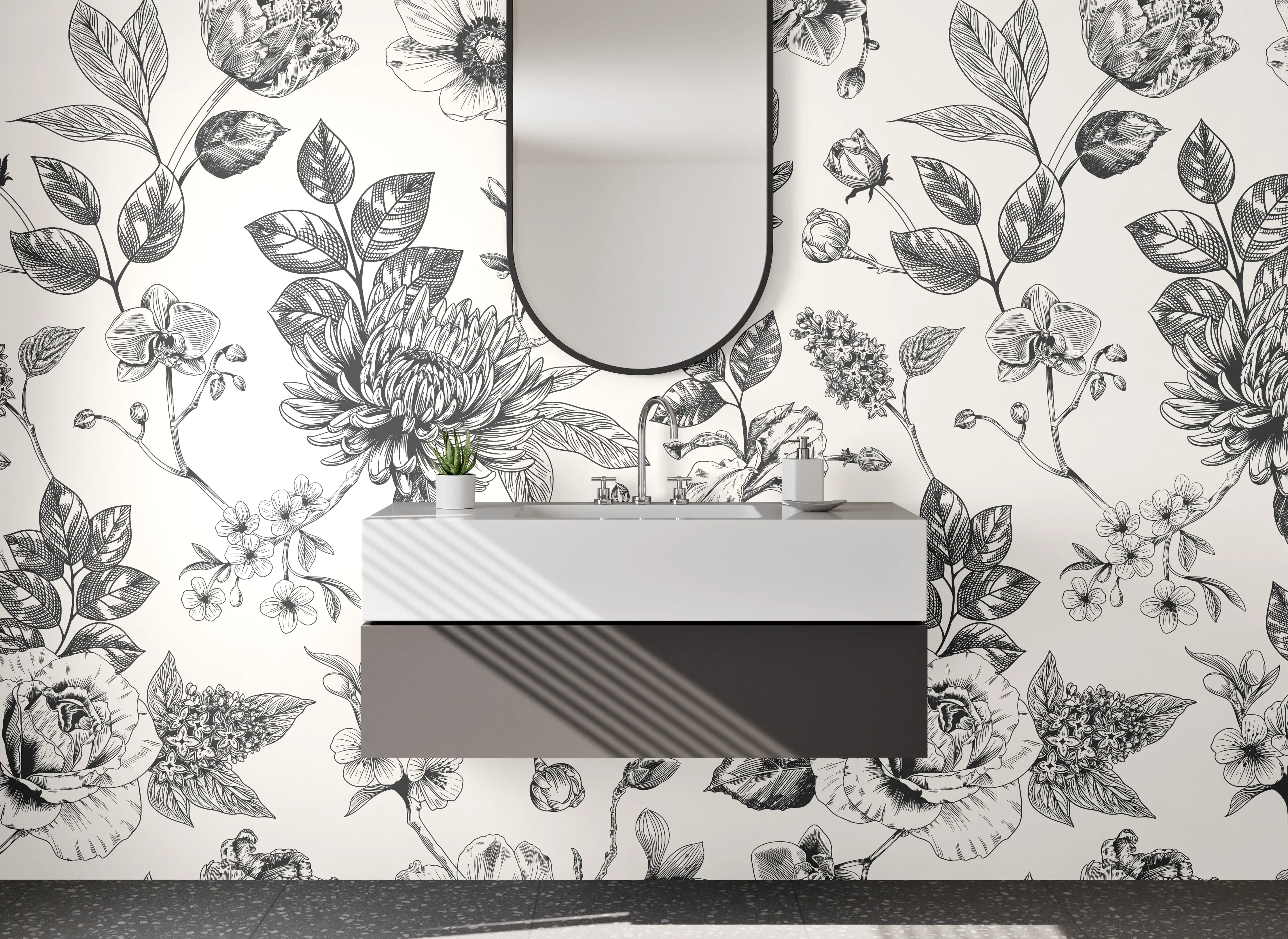 Waschbecken-Rückwand - Schwarz-weißes Blumen-Muster Design