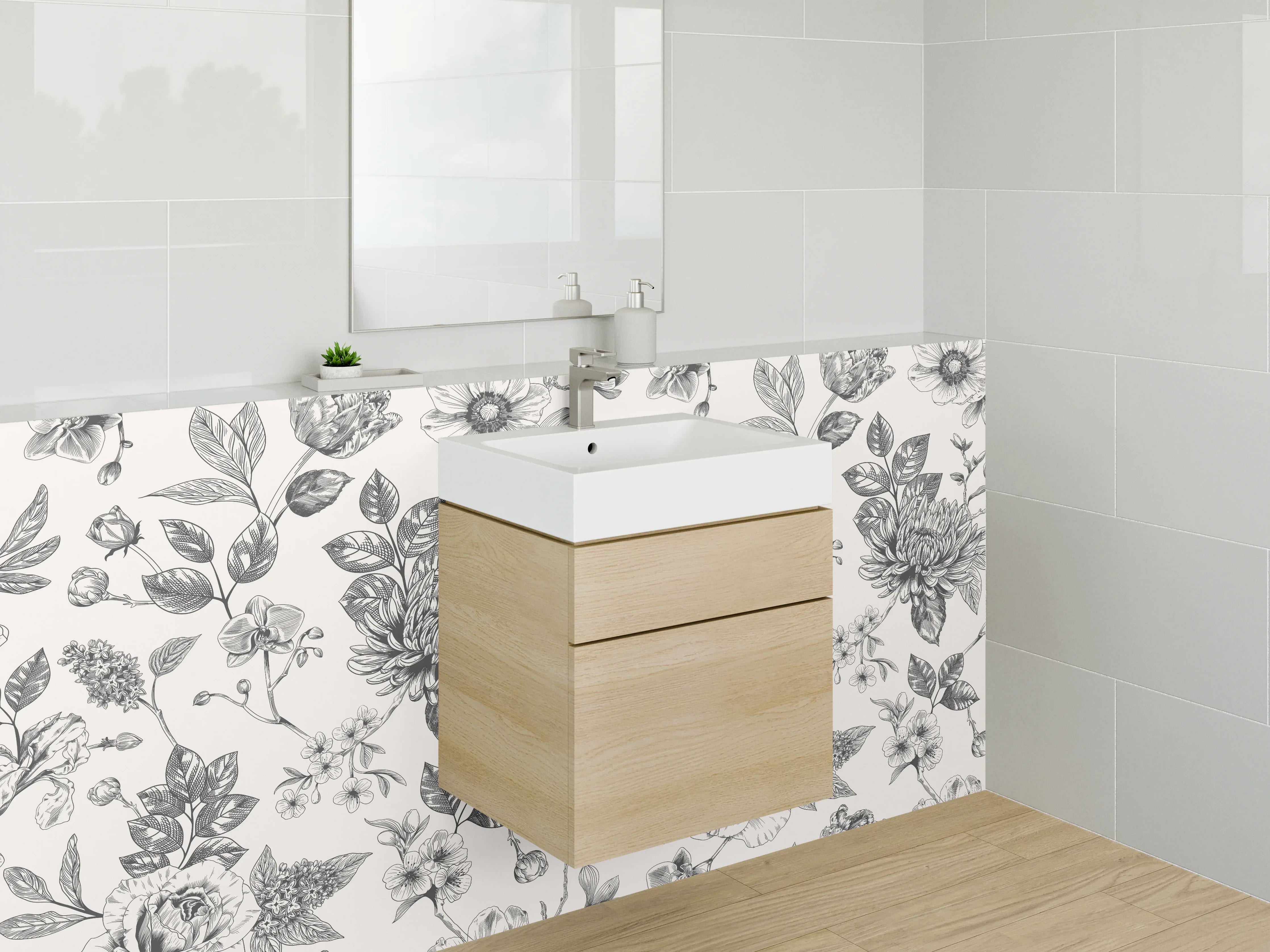 Waschbecken-Rückwand - Schwarz-weißes Blumen-Muster Design