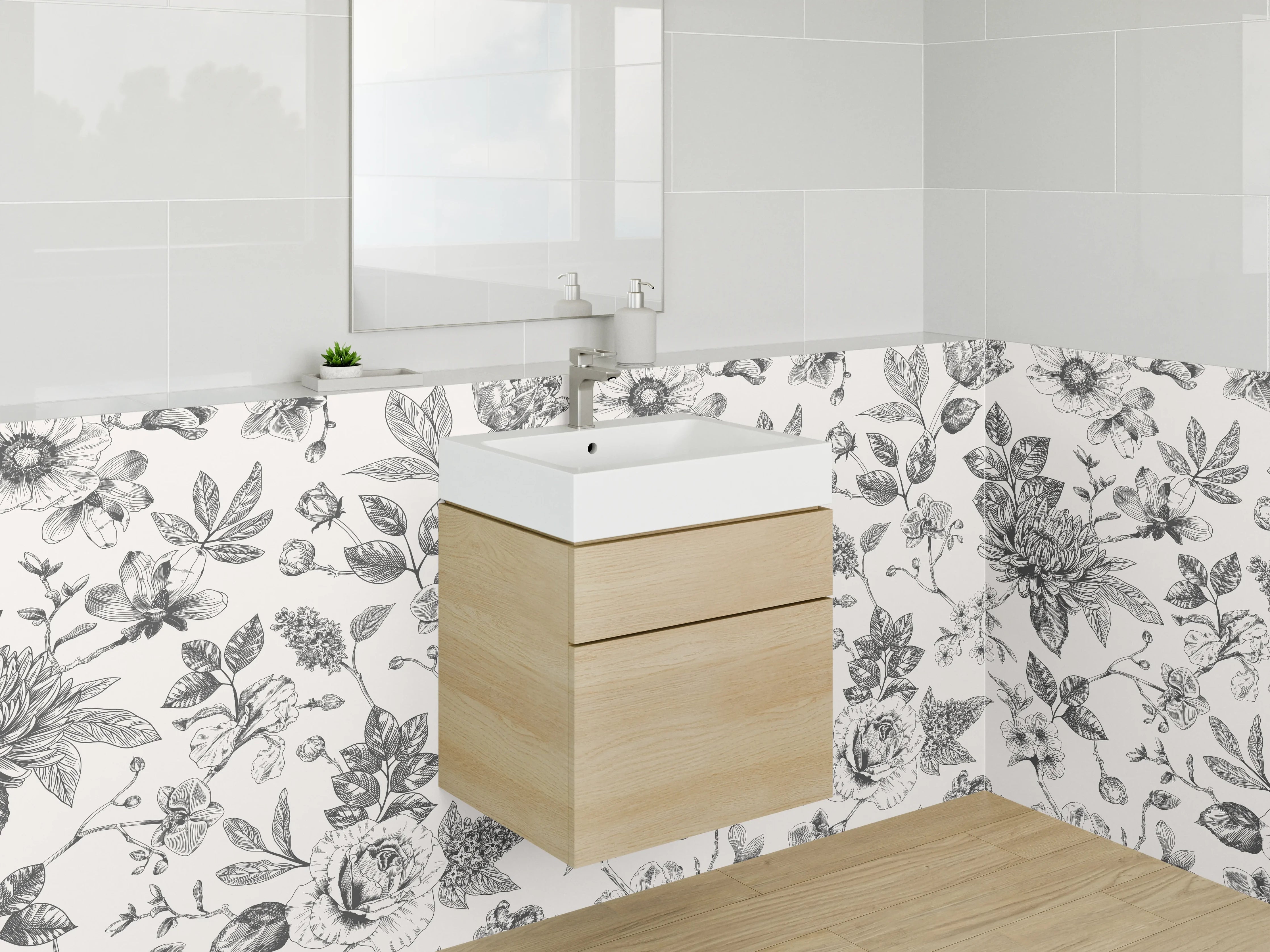 Waschbecken-Rückwand - Schwarz-weißes Blumen-Muster Design