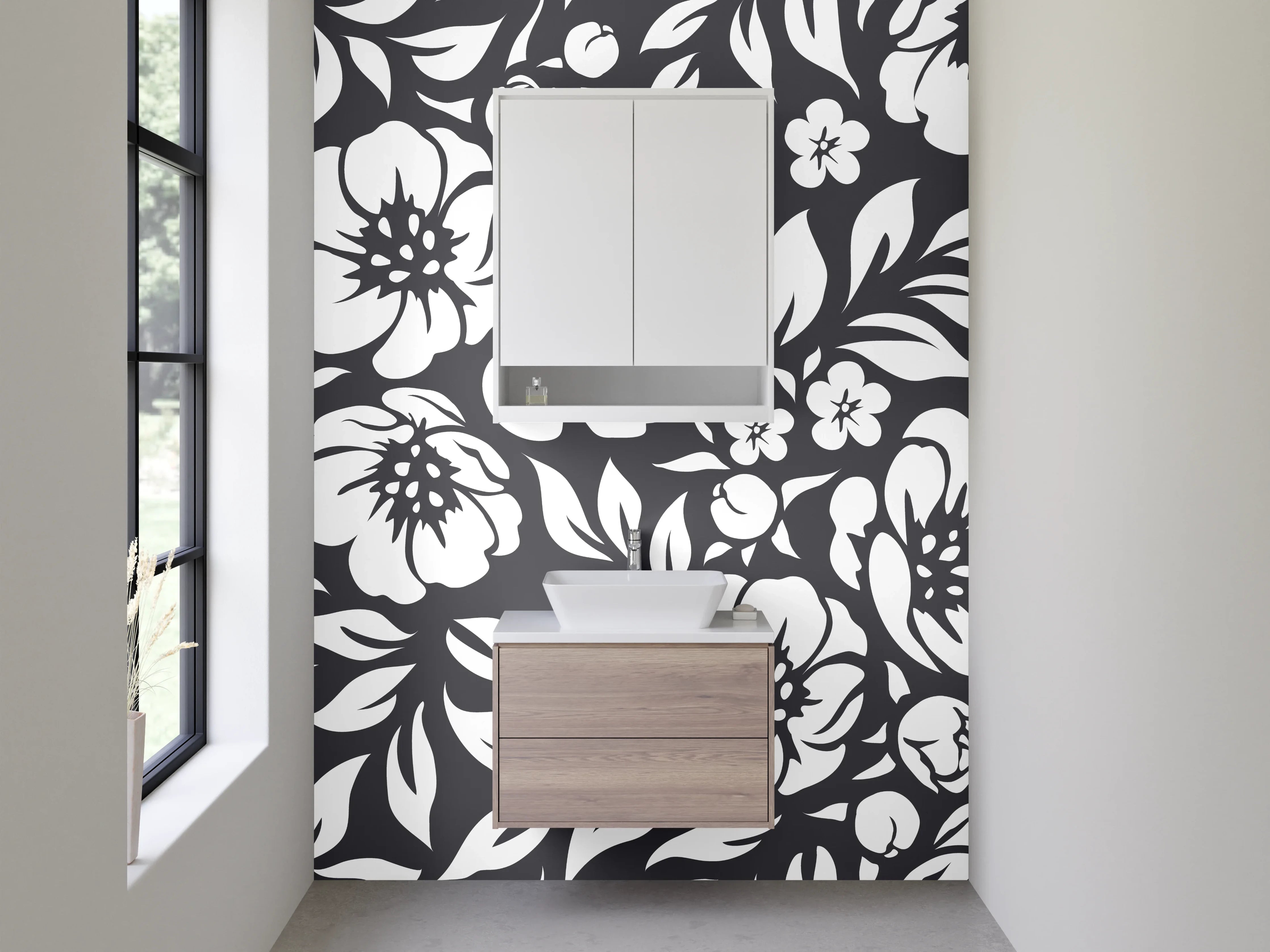 Waschbecken-Rückwand - Schwarz-weißes Blumenmuster-Design