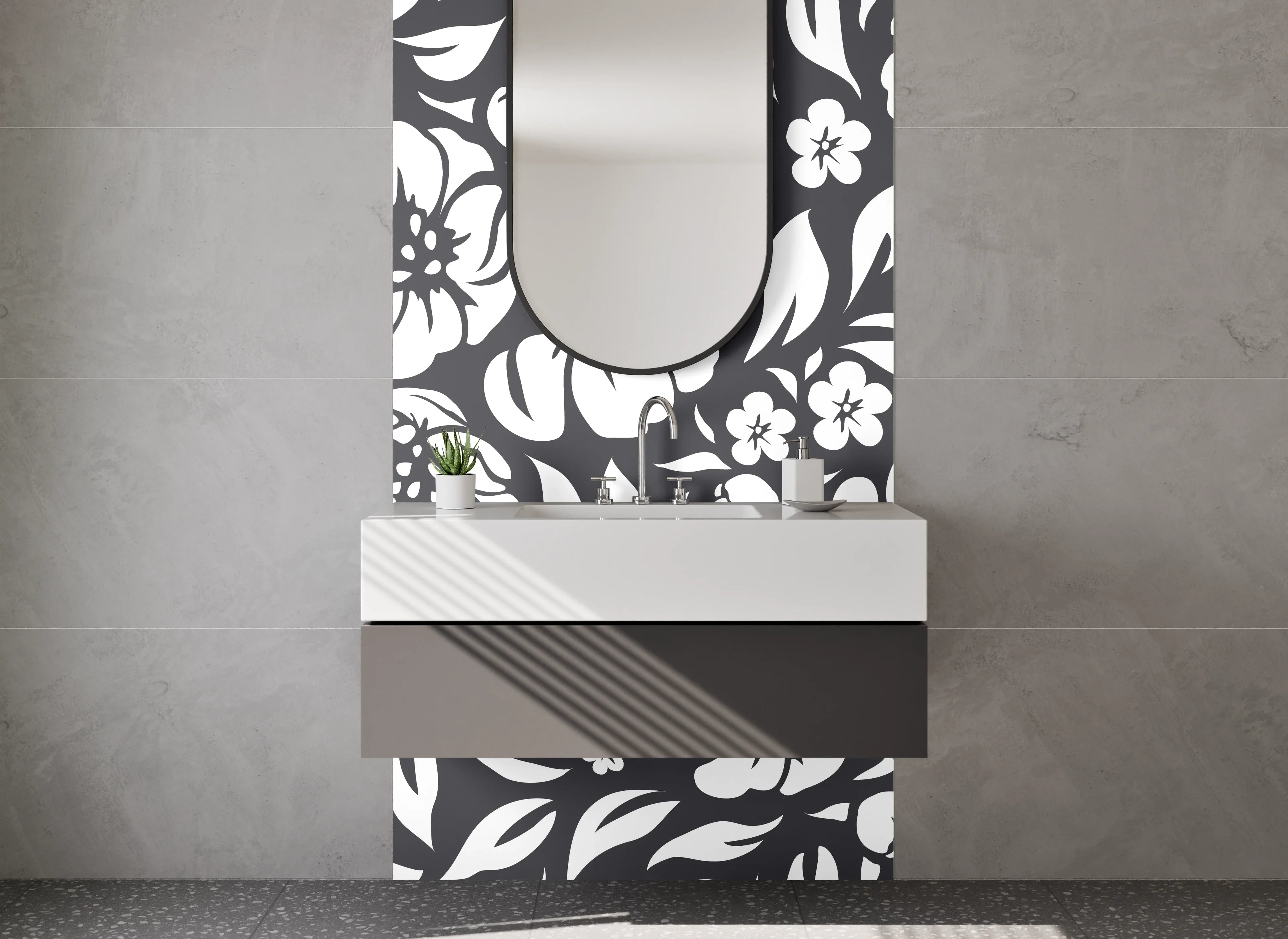 Waschbecken-Rückwand - Schwarz-weißes Blumenmuster-Design