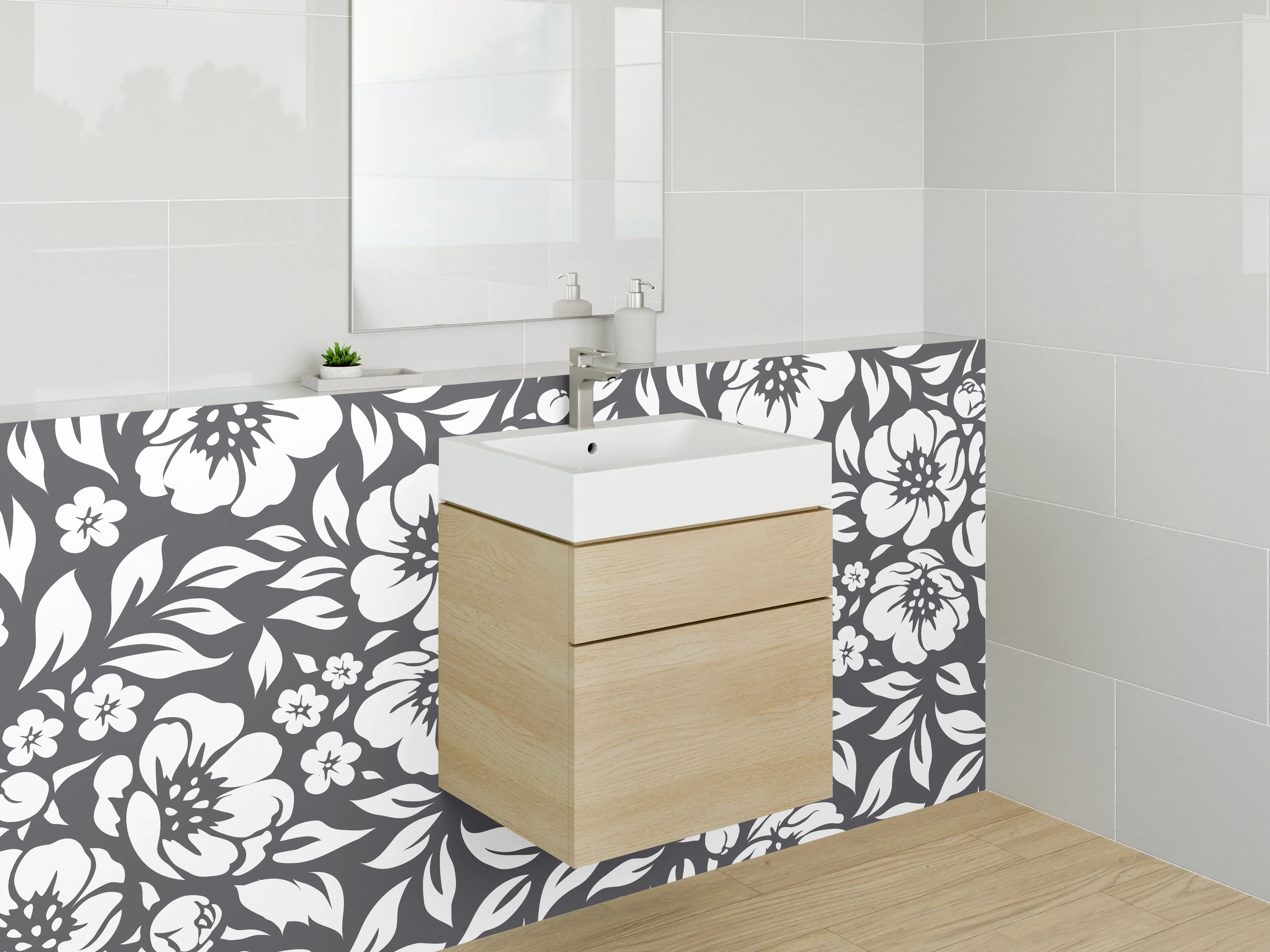 Waschbecken-Rückwand - Schwarz-weißes Blumenmuster-Design