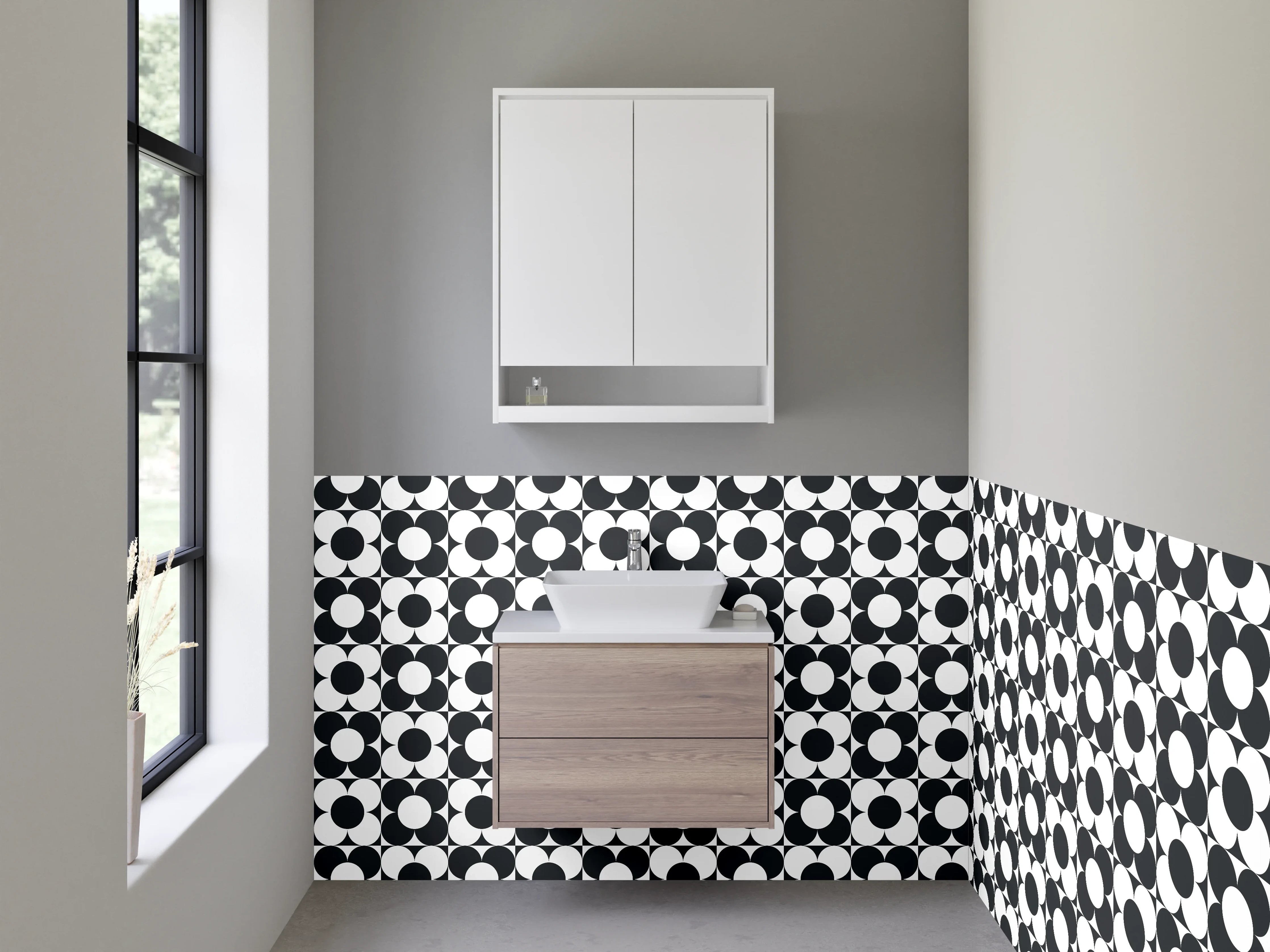 Waschbecken-Rückwand - Schwarz-weißes Retro-Kreis Muster