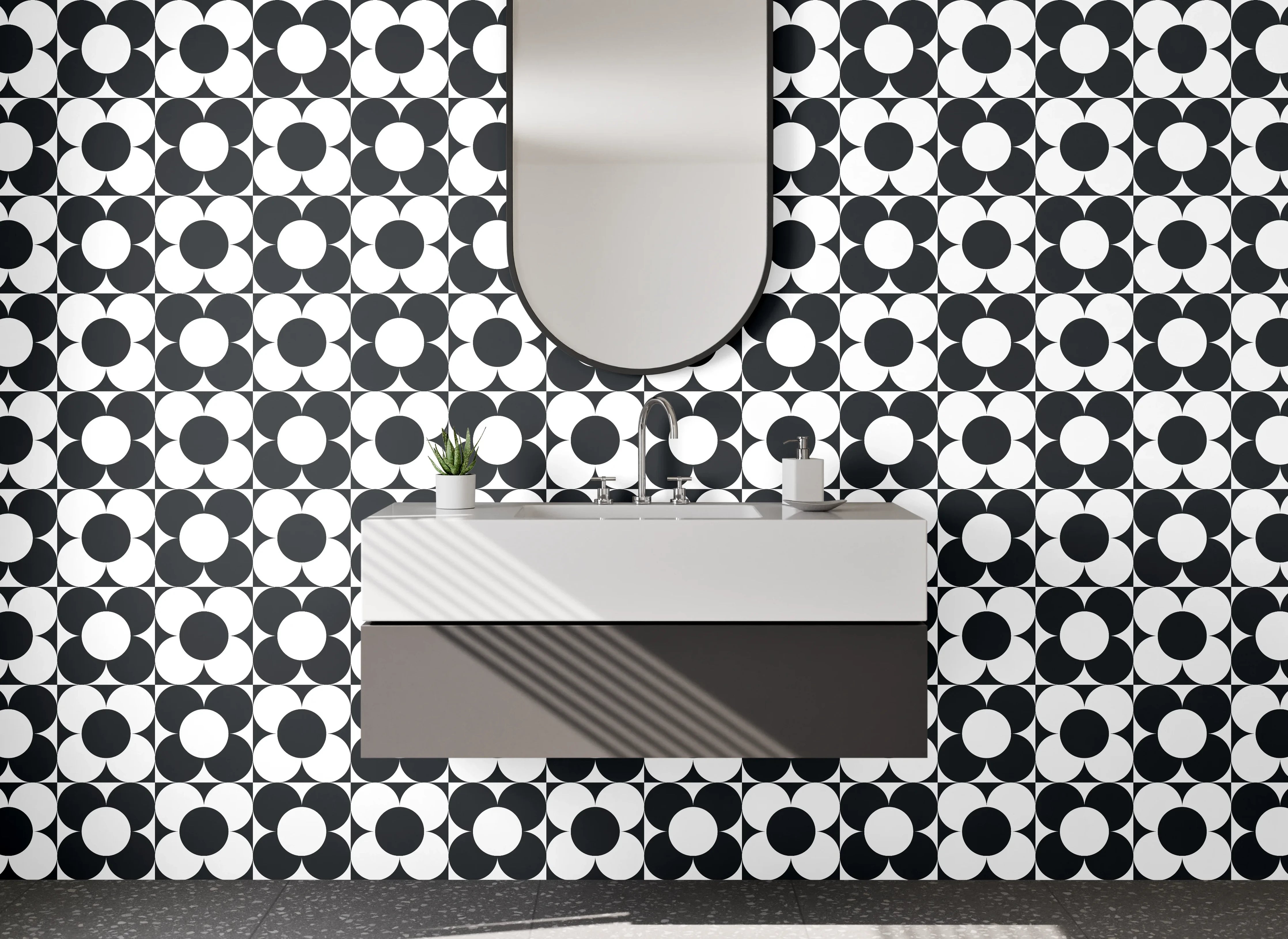 Waschbecken-Rückwand - Schwarz-weißes Retro-Kreis Muster