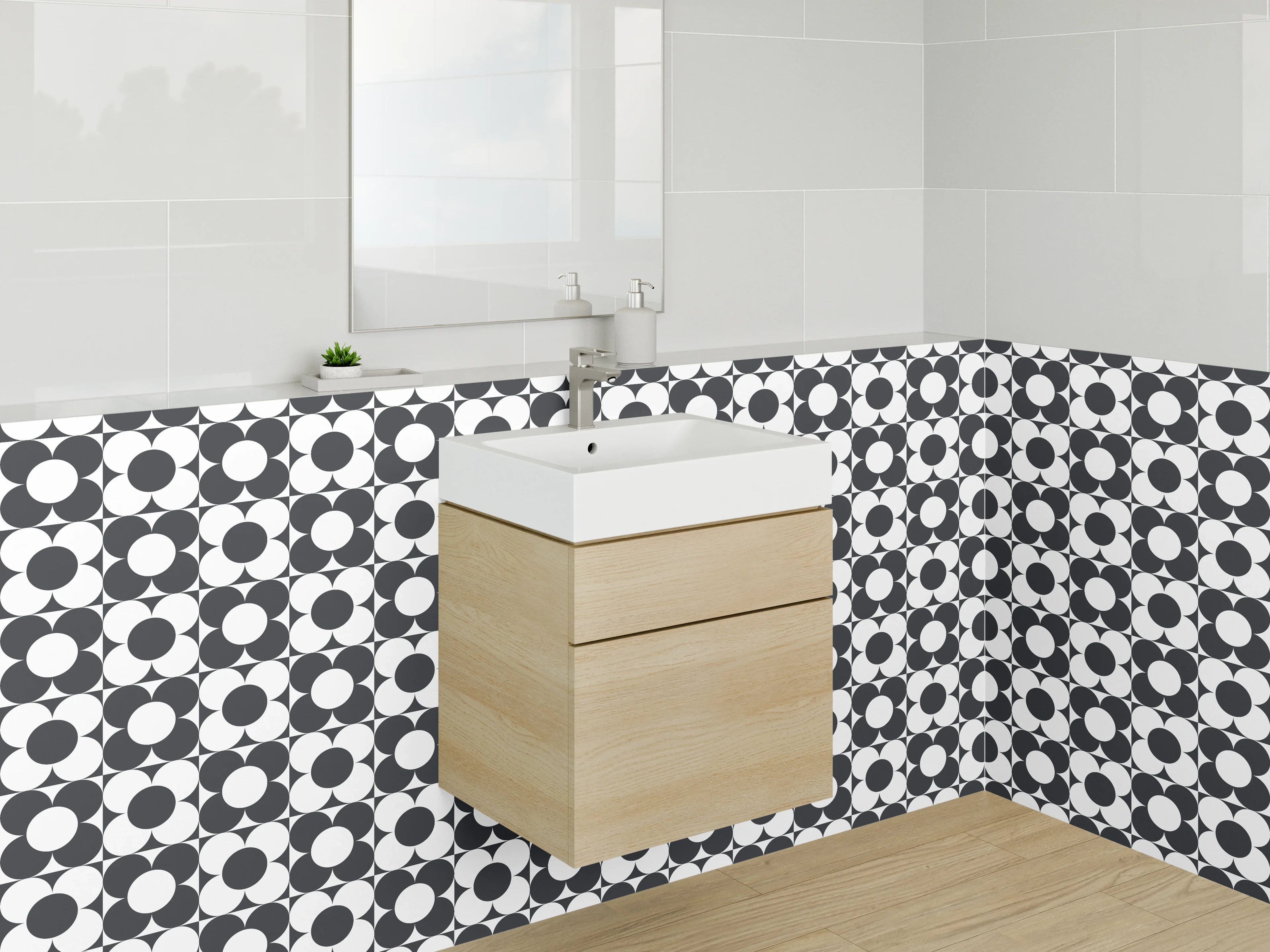 Waschbecken-Rückwand - Schwarz-weißes Retro-Kreis Muster