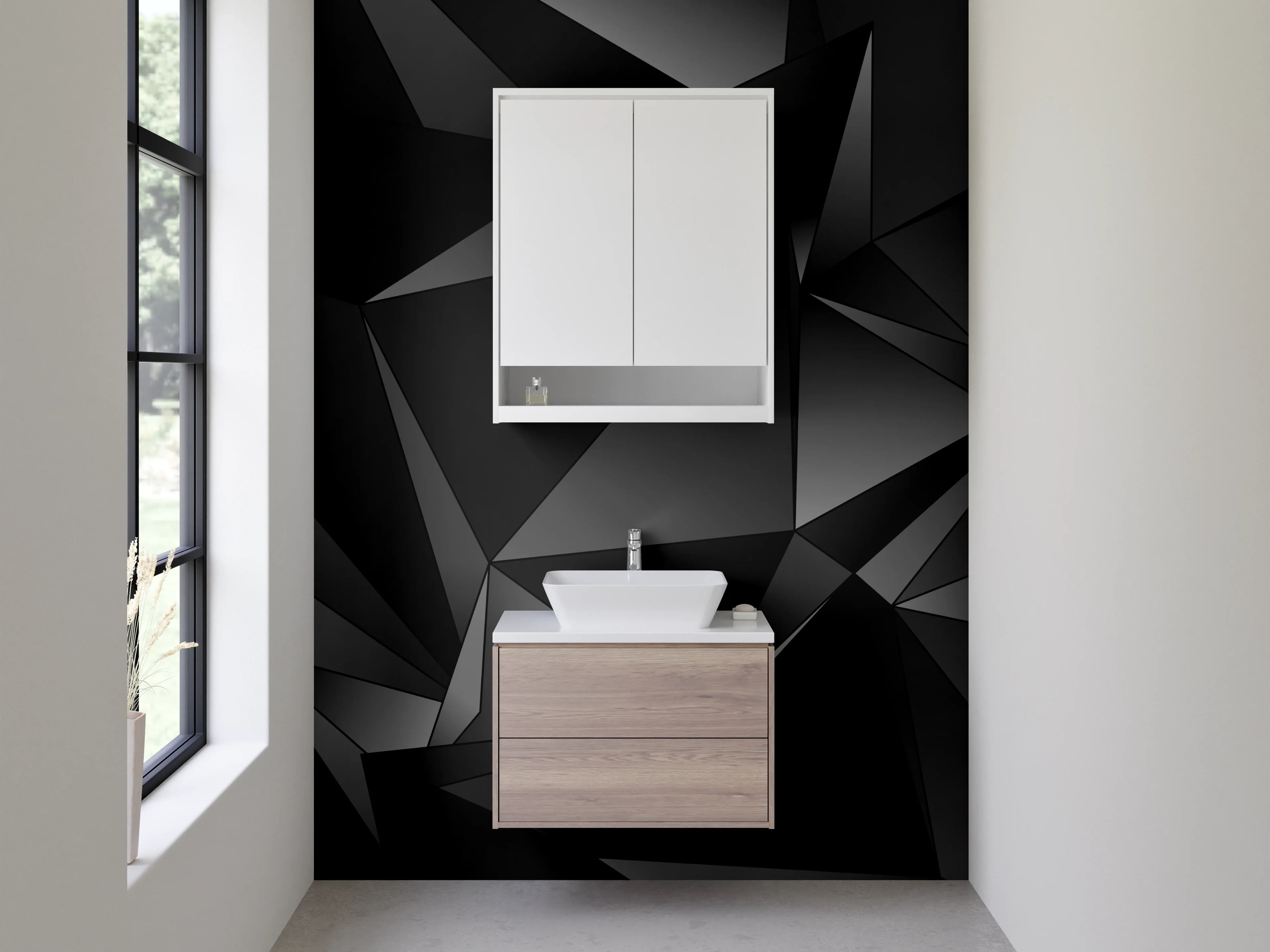 Waschbecken-Rückwand - Schwarze 3D Polygon Struktur