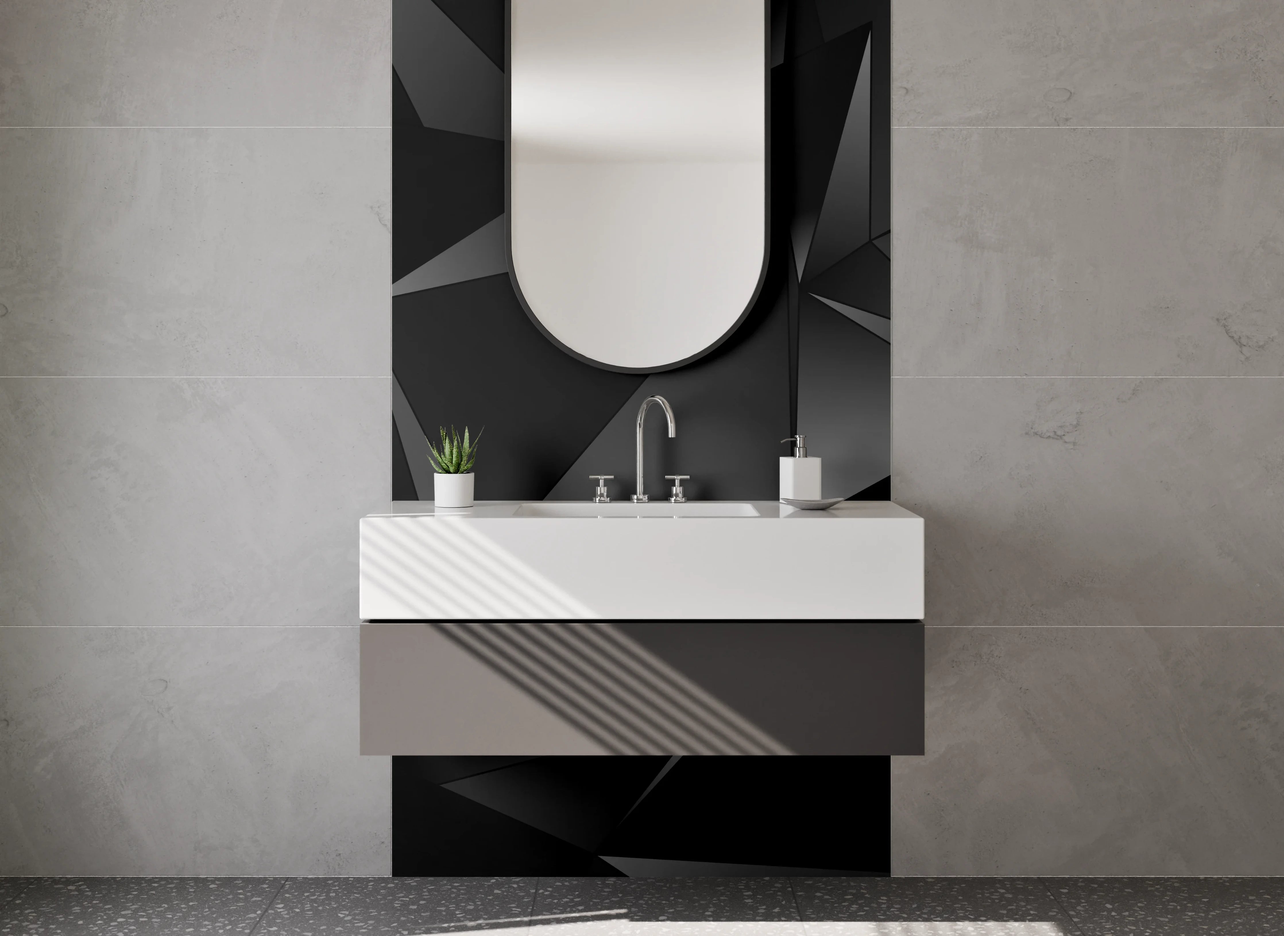 Waschbecken-Rückwand - Schwarze 3D Polygon Struktur