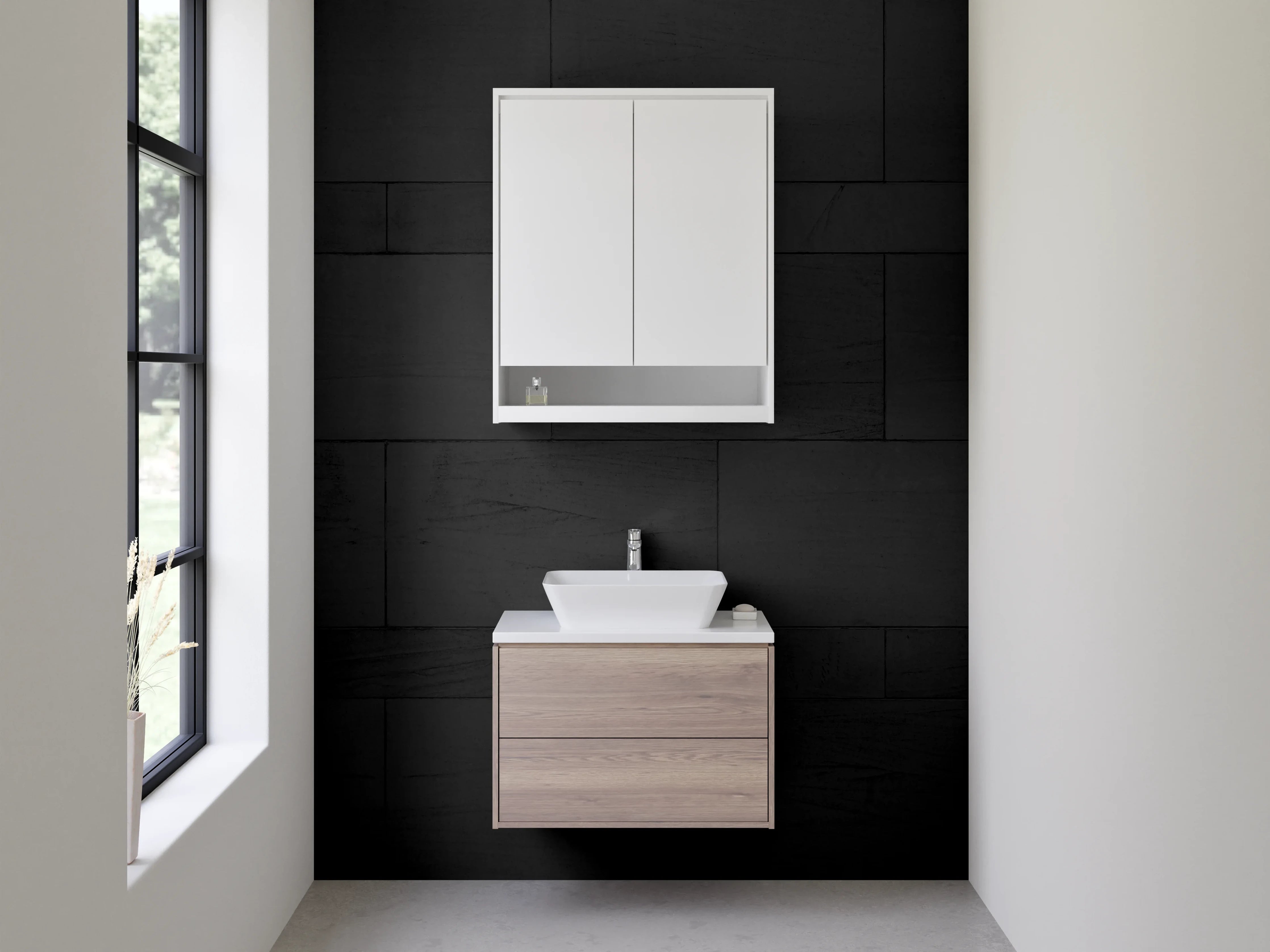 Waschbecken-Rückwand - Schwarze Holz-Optik Wandverkleidung