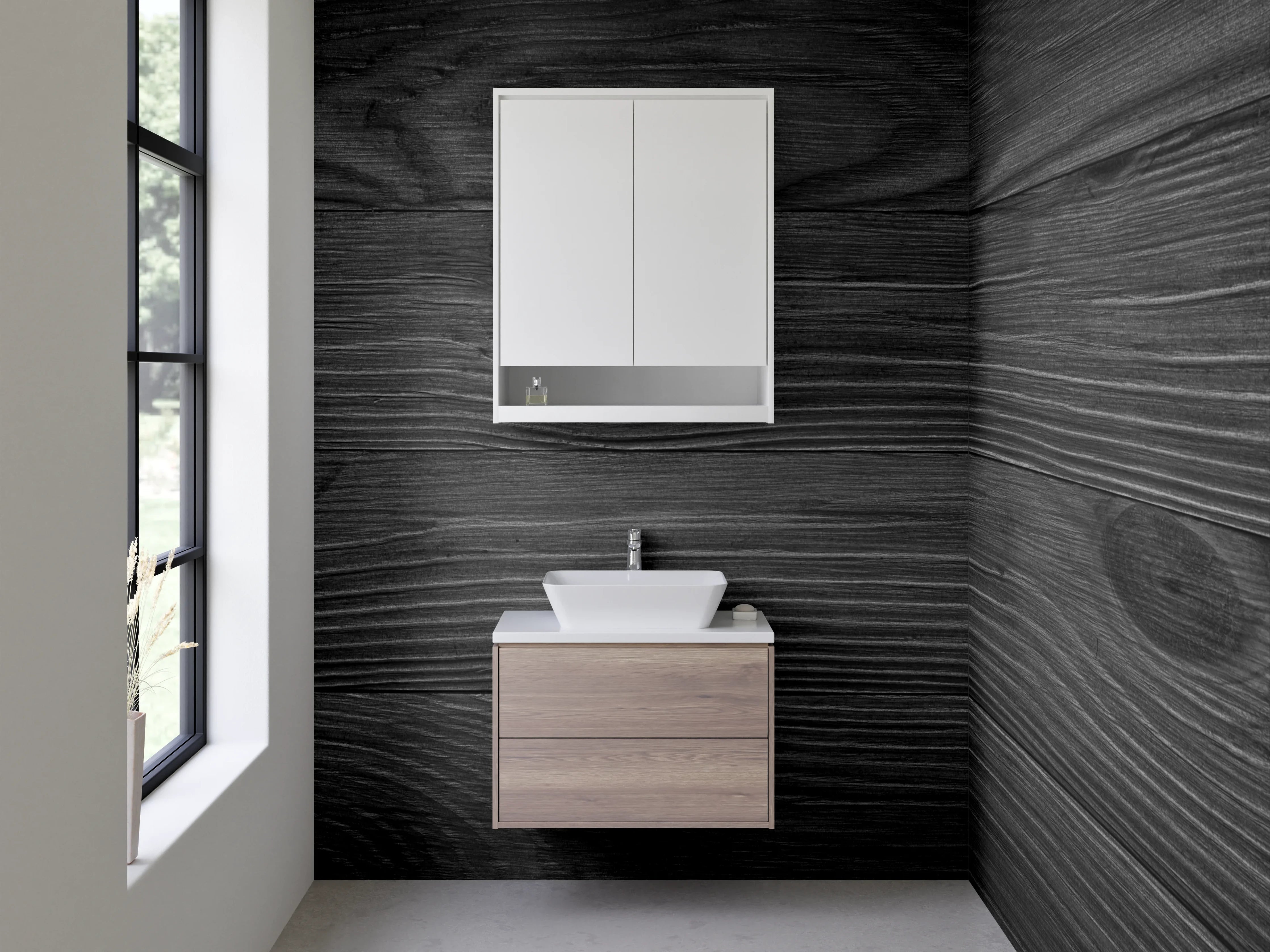 Waschbecken-Rückwand - Schwarze Holzoptik für stilvolle Räume