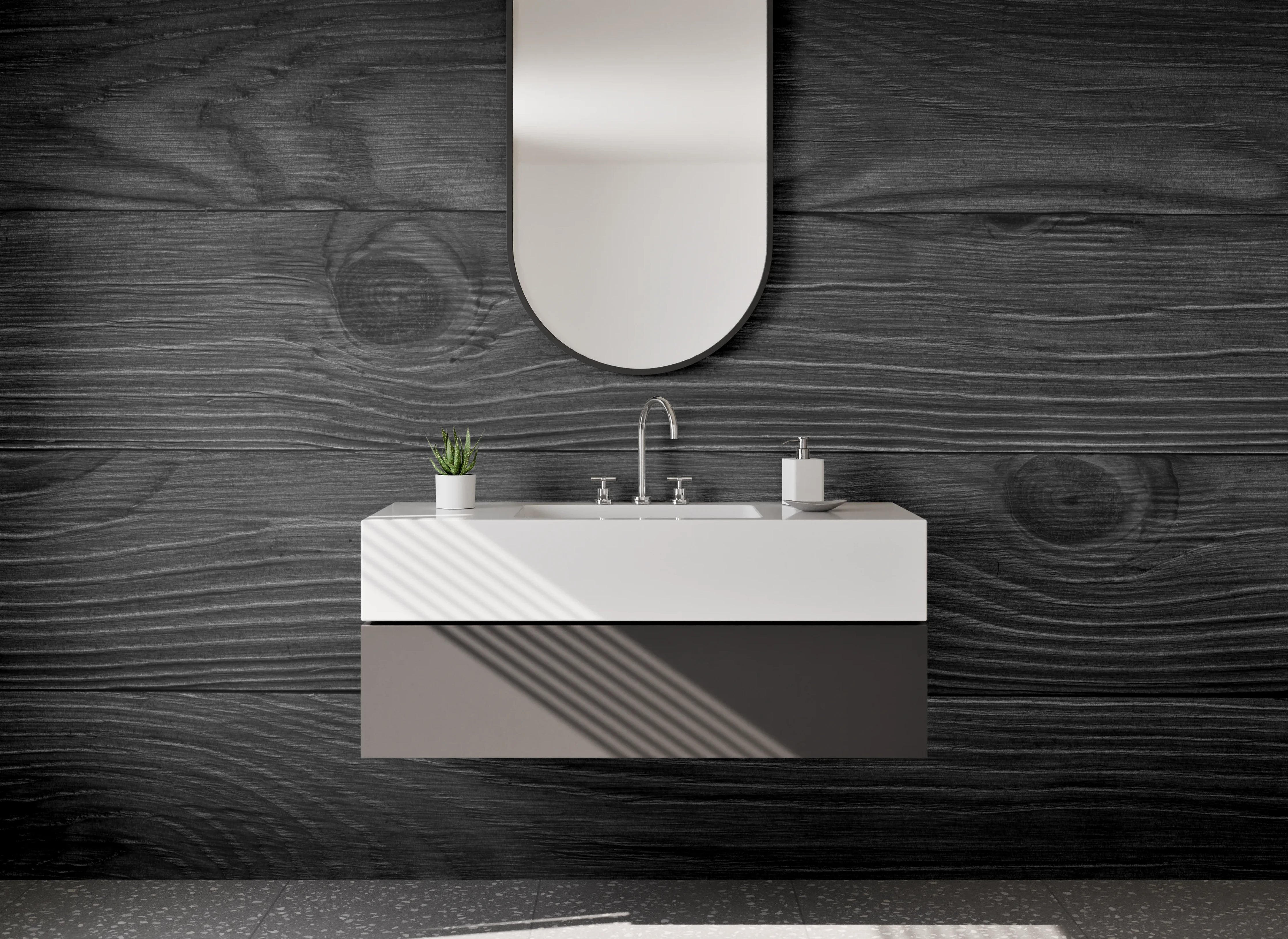Waschbecken-Rückwand - Schwarze Holzoptik für stilvolle Räume