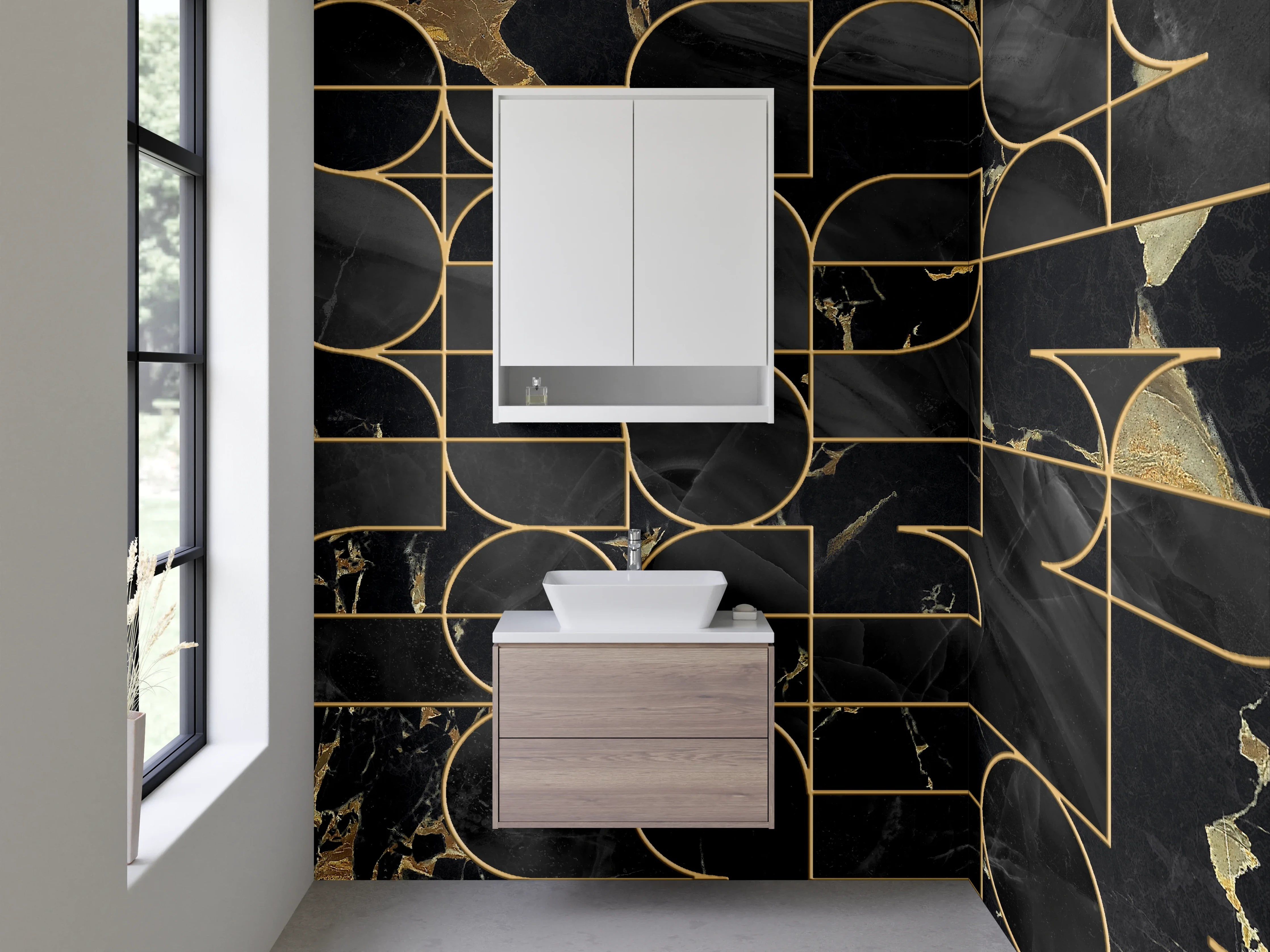 Waschbecken-Rückwand - Schwarze Marmor Geometrie mit Goldlinien
