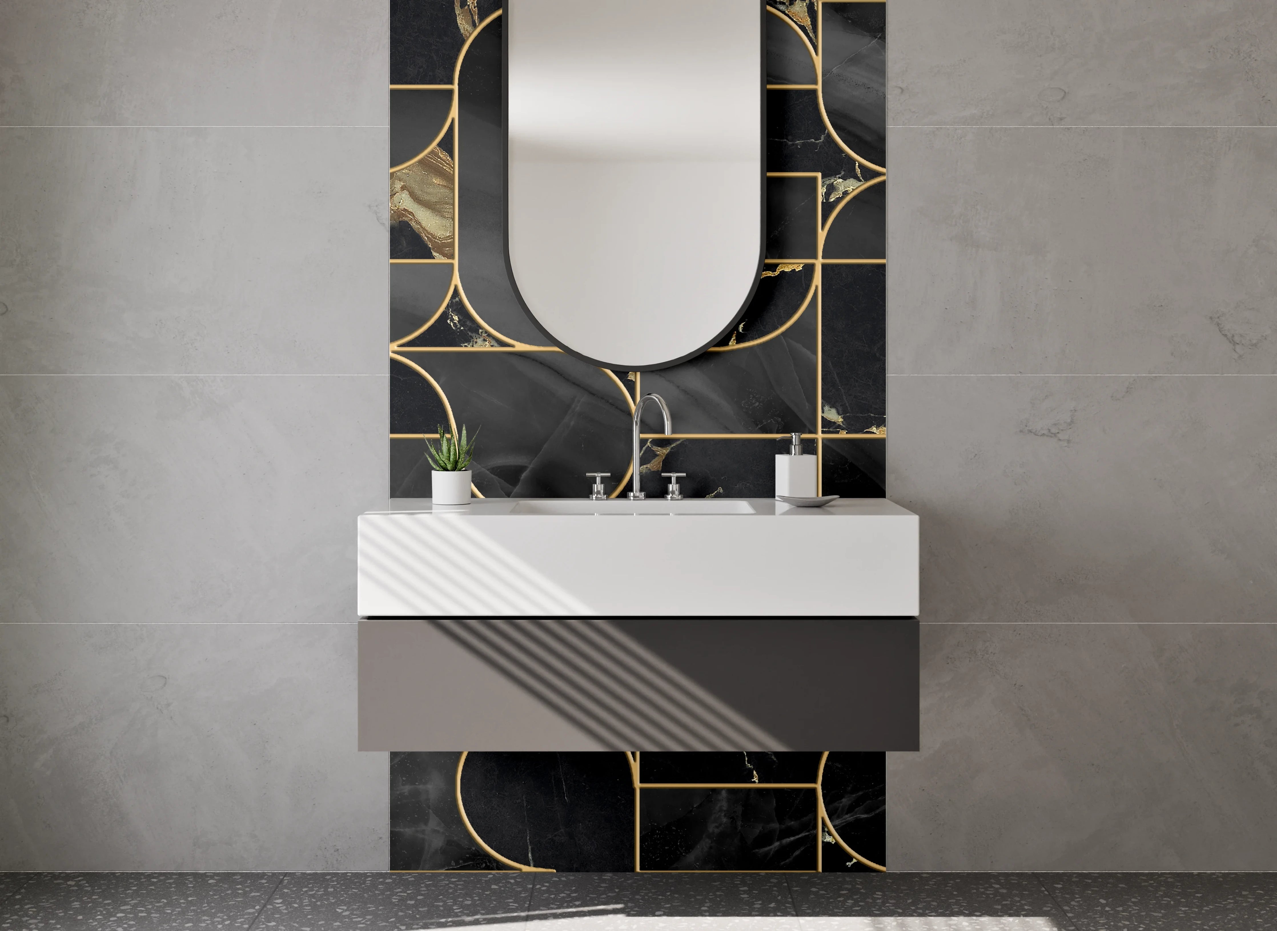 Waschbecken-Rückwand - Schwarze Marmor Geometrie mit Goldlinien