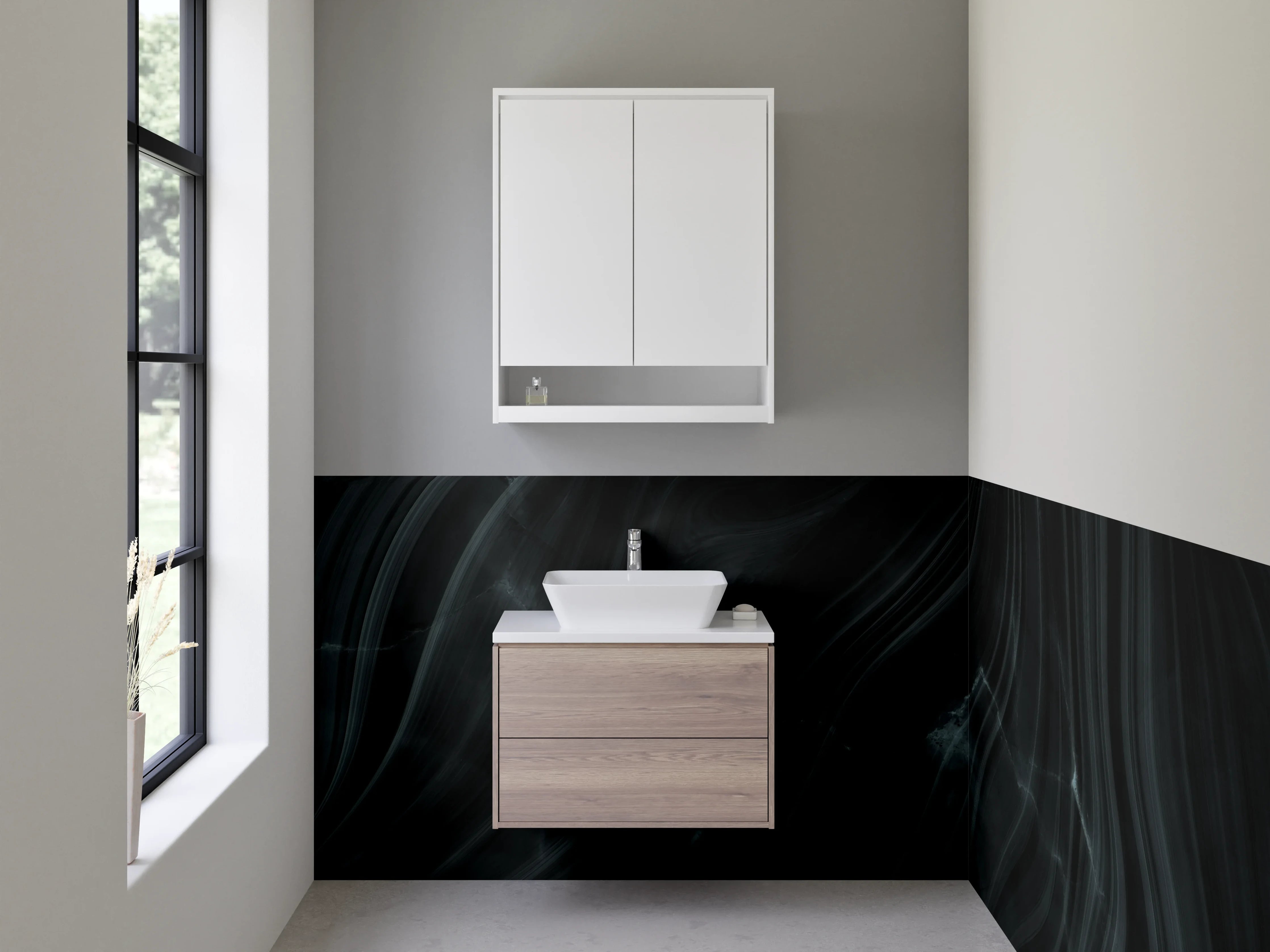 Waschbecken-Rückwand - Schwarze Marmor-Optik mit feinen Linien