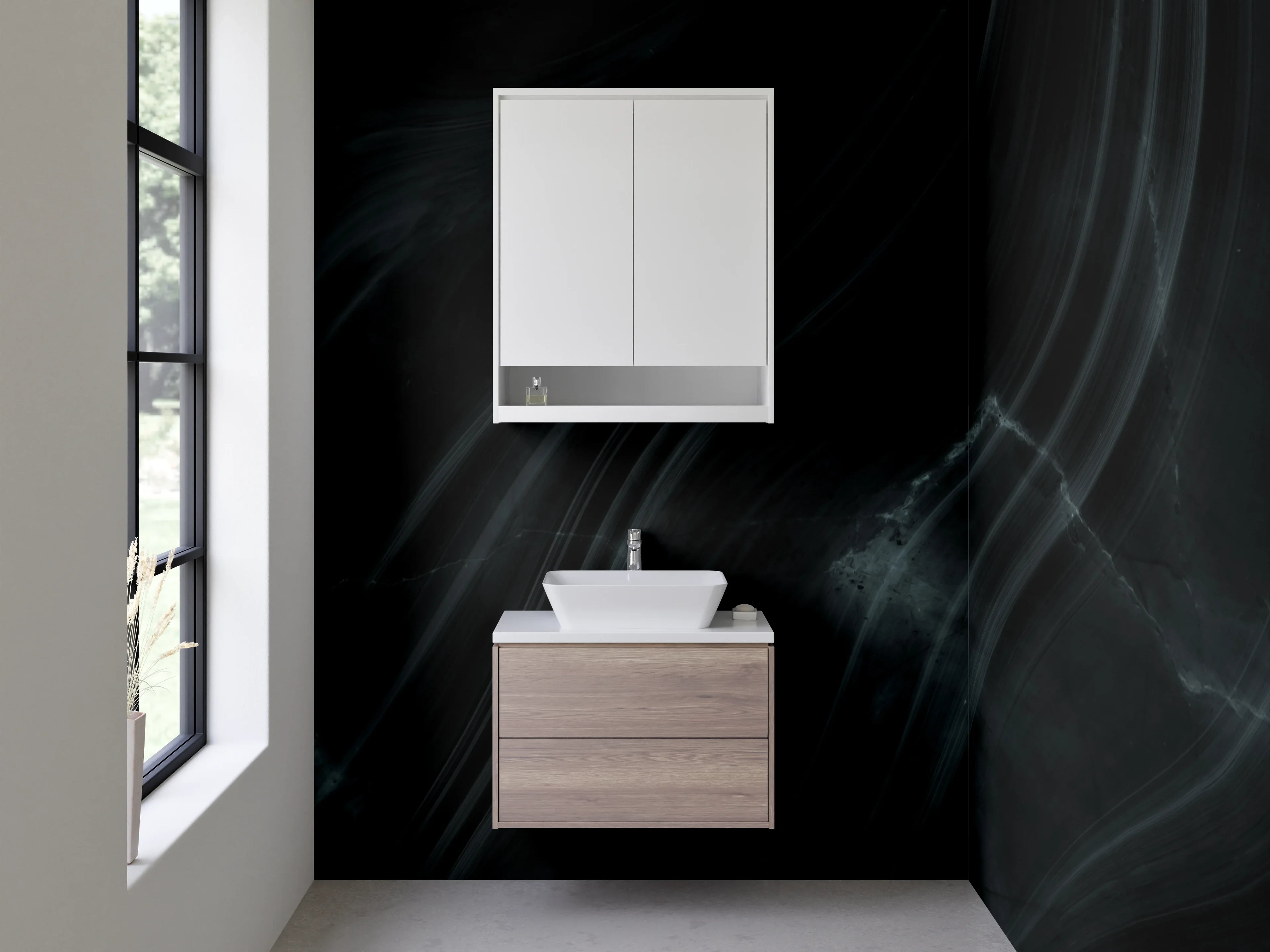 Waschbecken-Rückwand - Schwarze Marmor-Optik mit feinen Linien