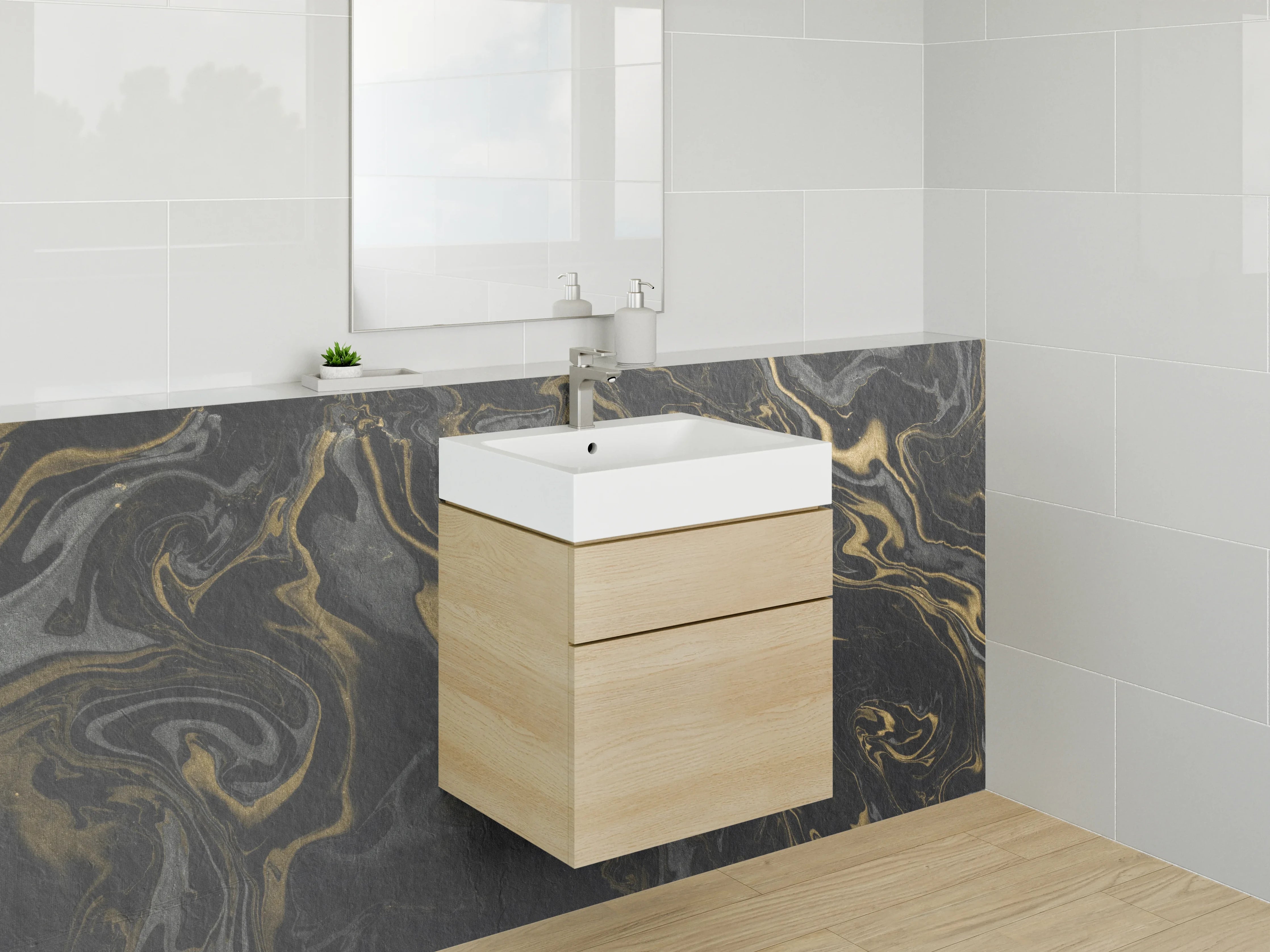 Waschbecken-Rückwand - Schwarze Marmormaserung mit Gold-Details
