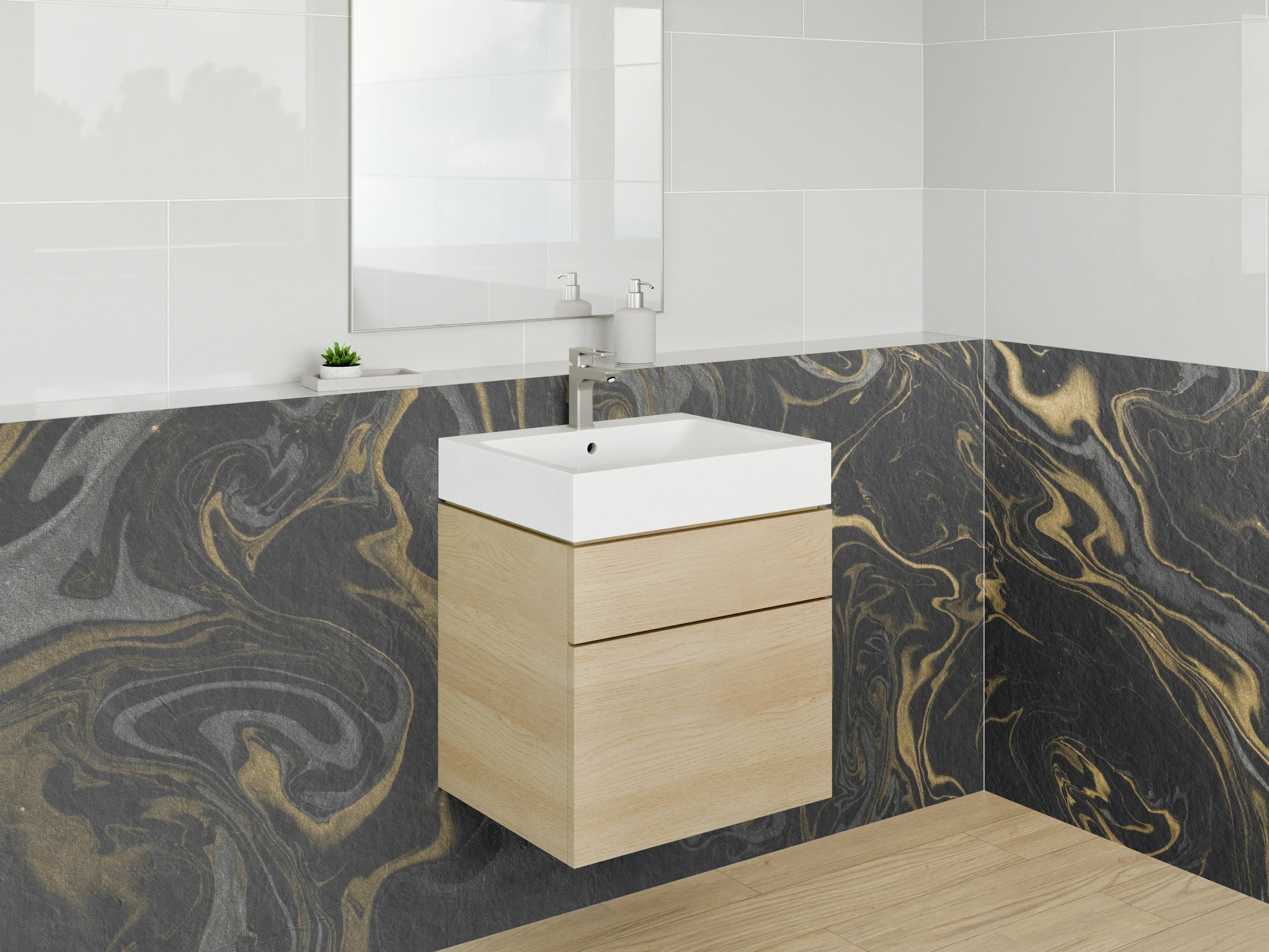 Waschbecken-Rückwand - Schwarze Marmormaserung mit Gold-Details