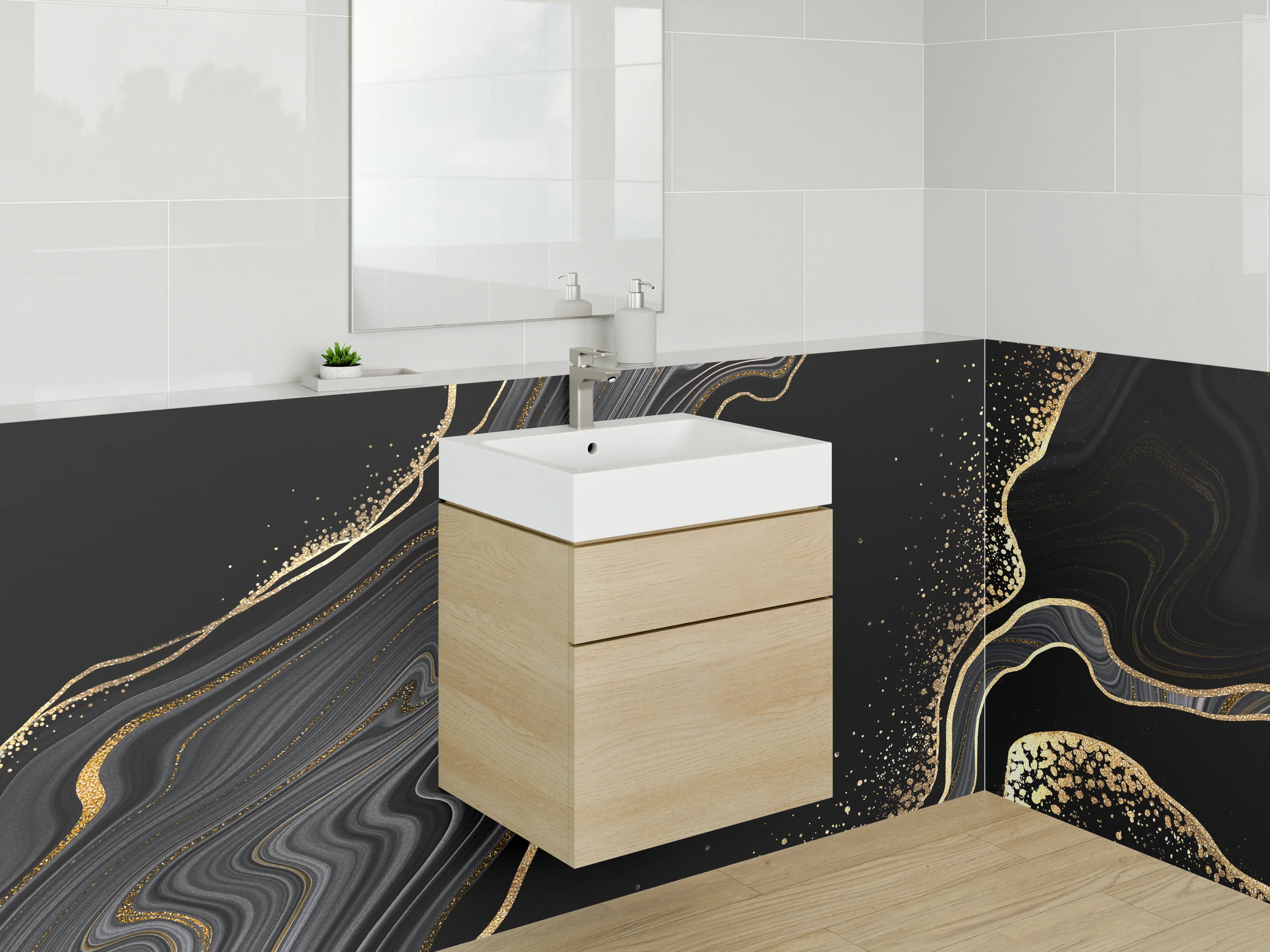 Waschbecken-Rückwand - Schwarze Marmoroptik mit Goldakzent