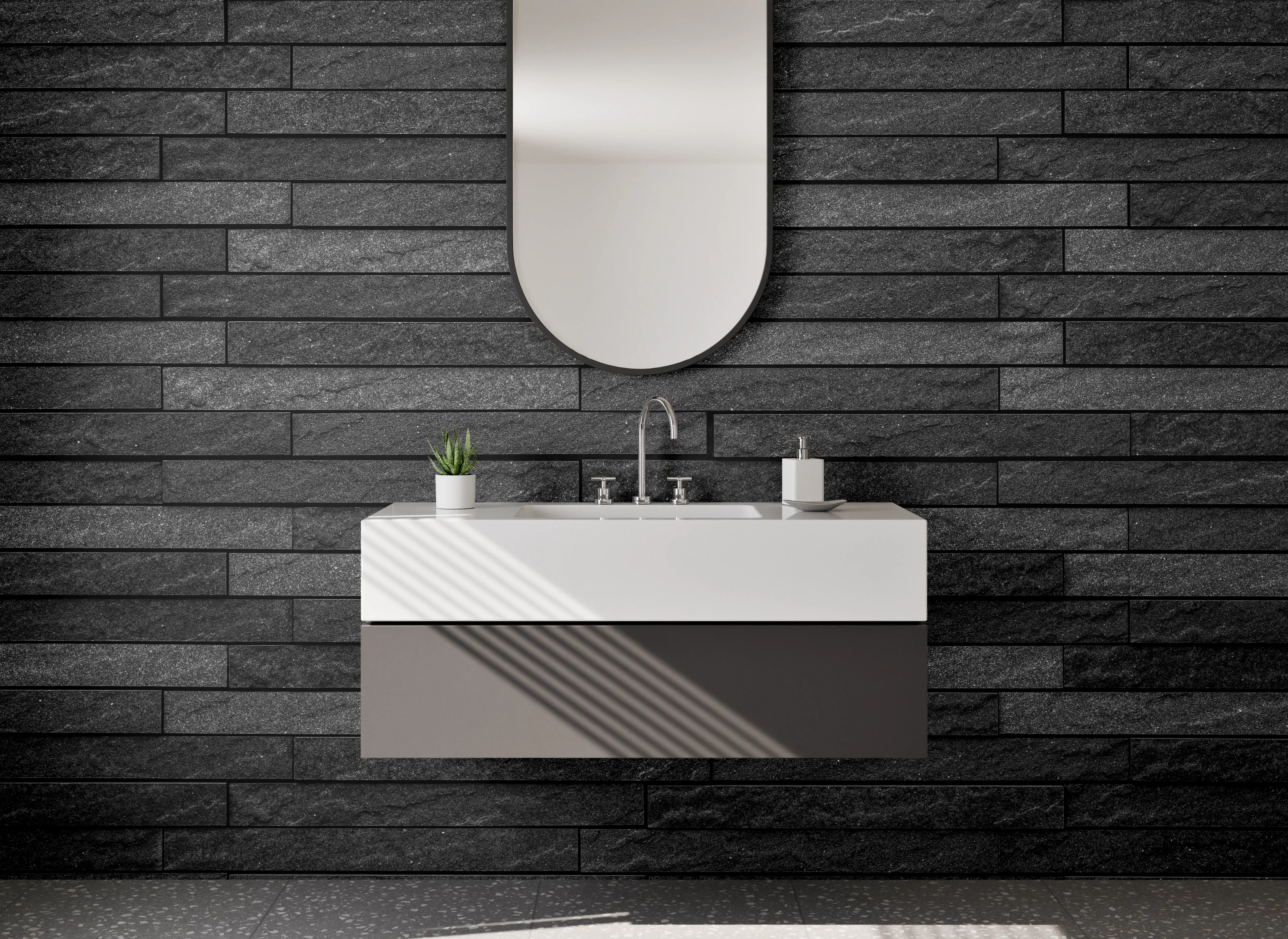 Waschbecken-Rückwand - Schwarze Schieferstein-Fliesen modern